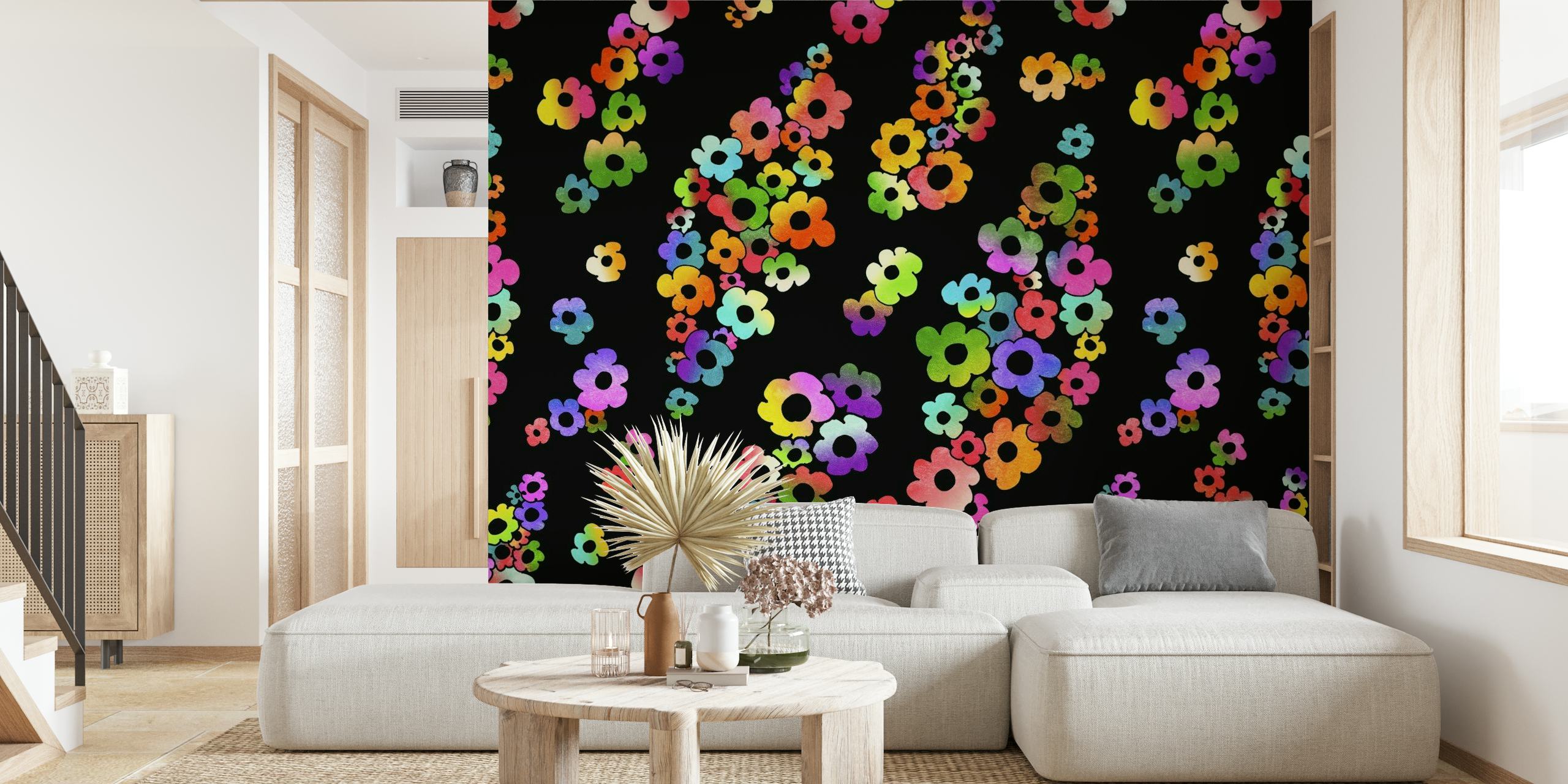 Maximalism Rainbow Floral Black wallpaper