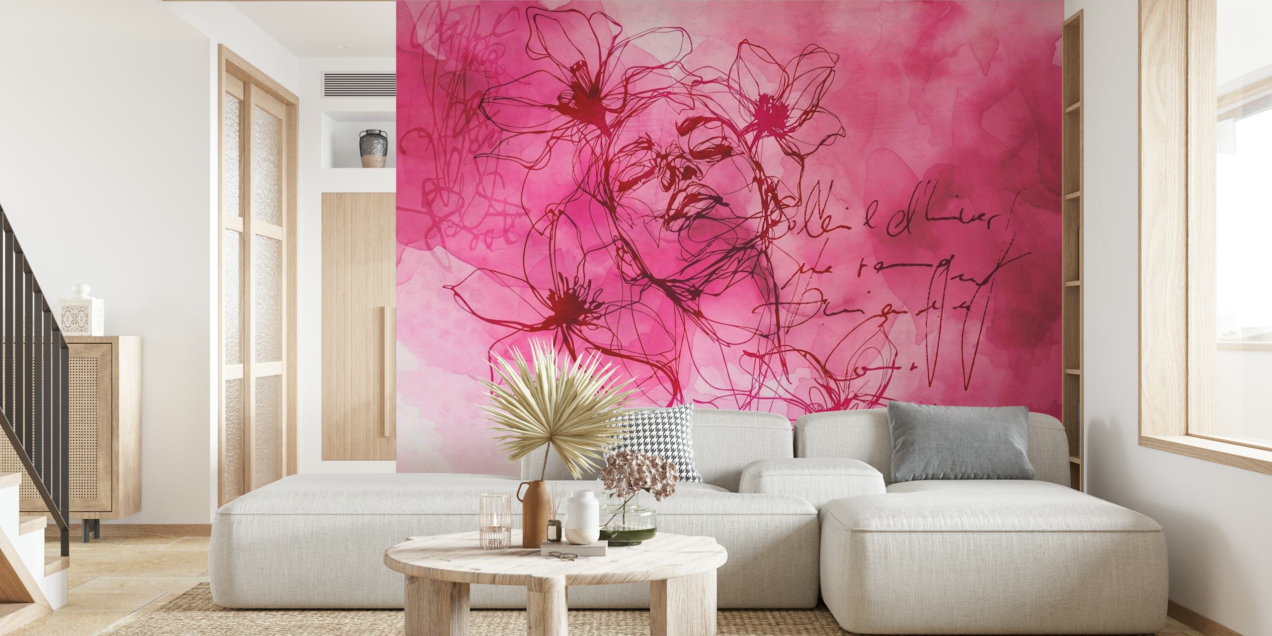 Passionate Dreams Ink Line Art Female Pink papel de parede