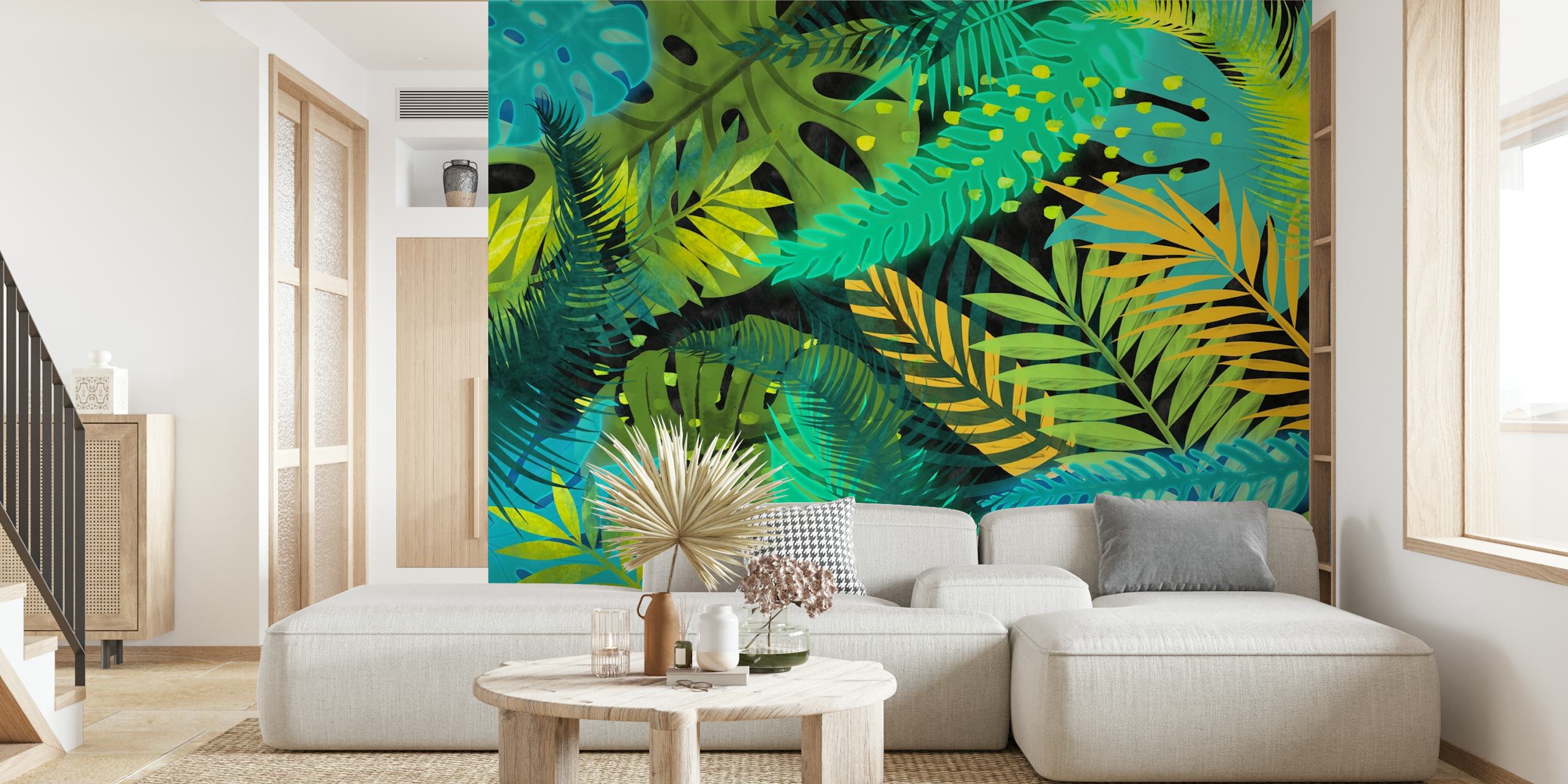 Lush green leaf patterns with blue and yellow accents wallpaper