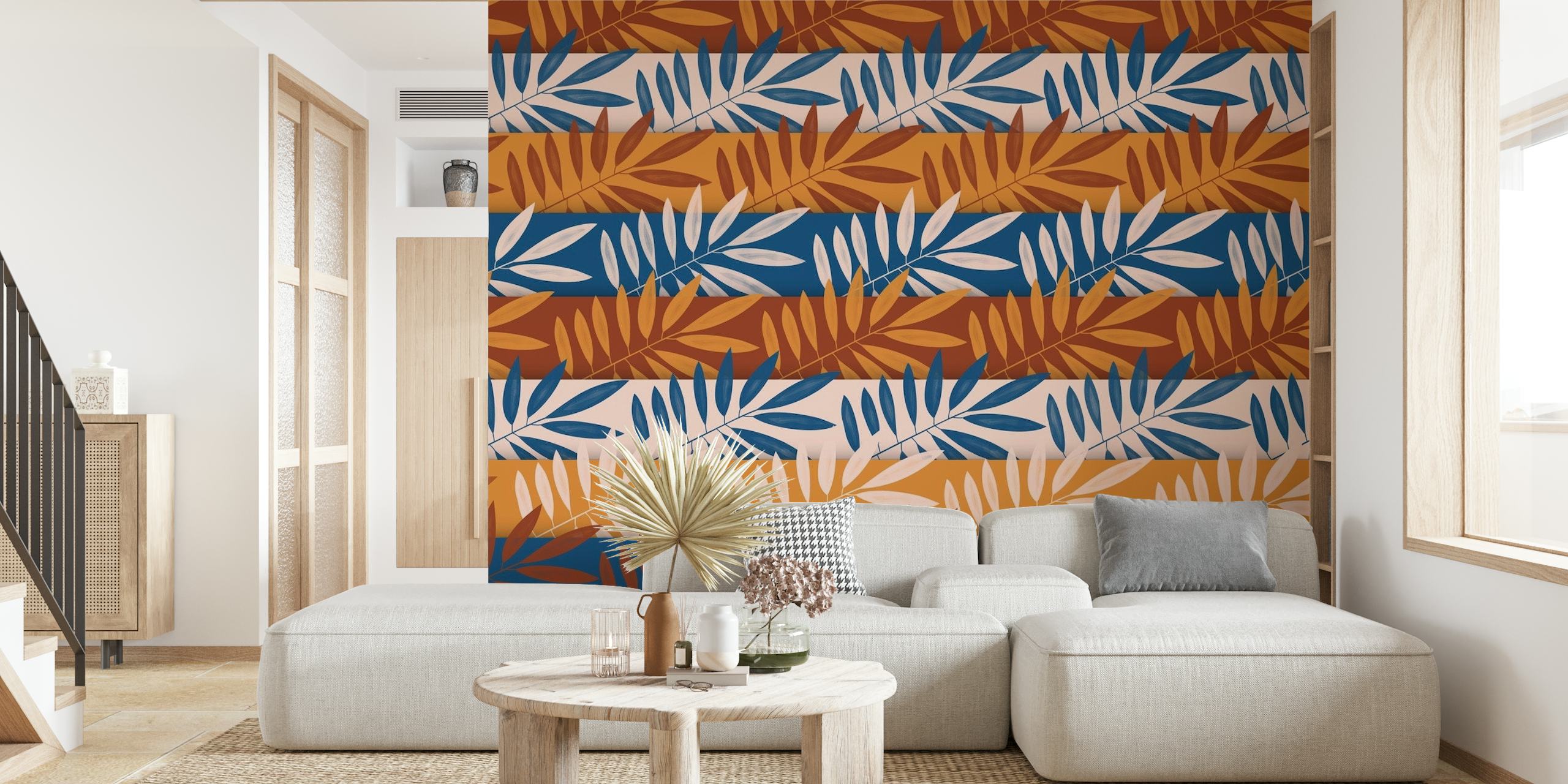 Tapeta Sahara Art z abstrakcyjnym wzorem liści w kolorach terakoty, błękitu i beżu.