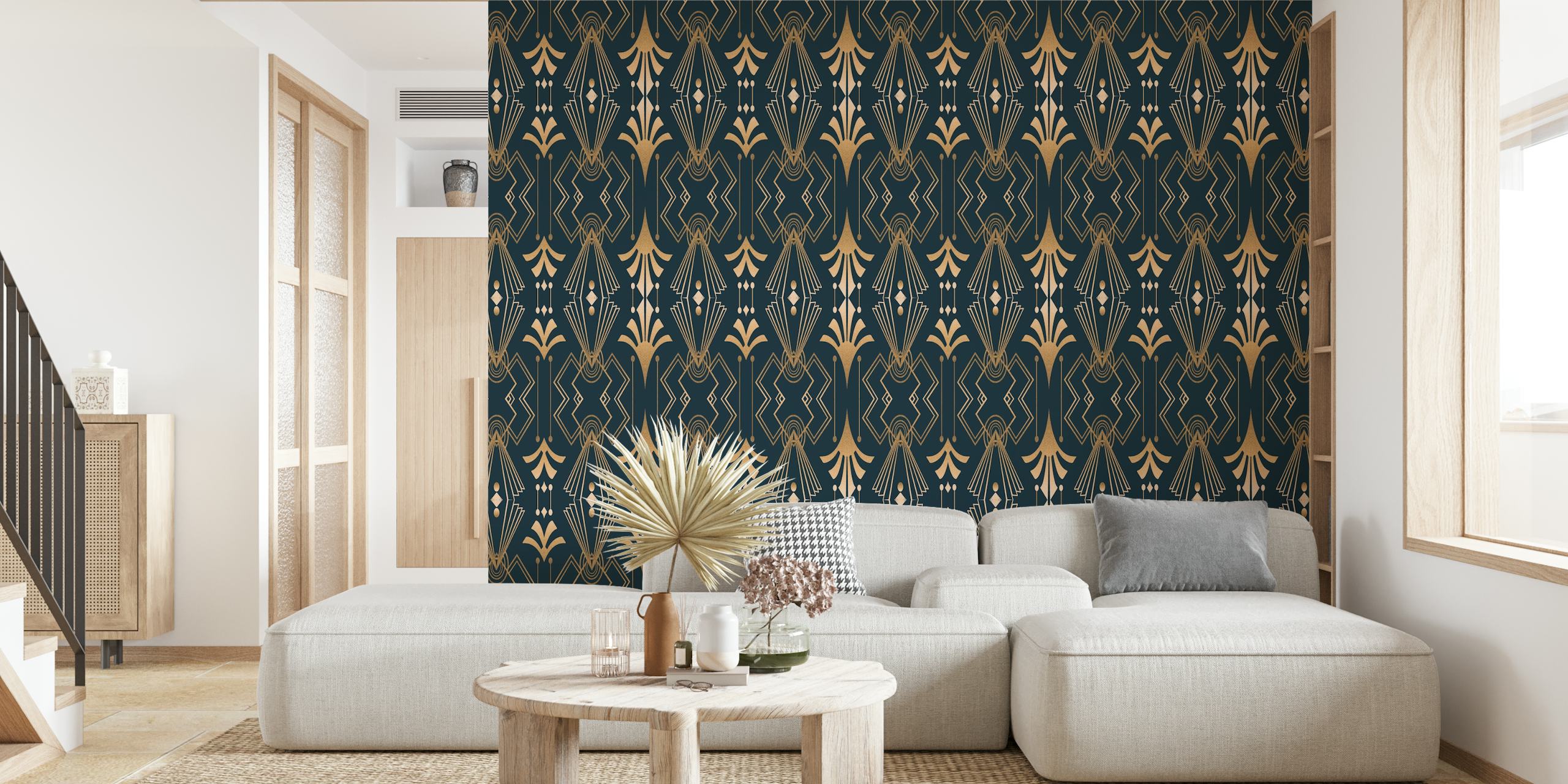 Geometric gold and white patterns on emerald background wallpaper