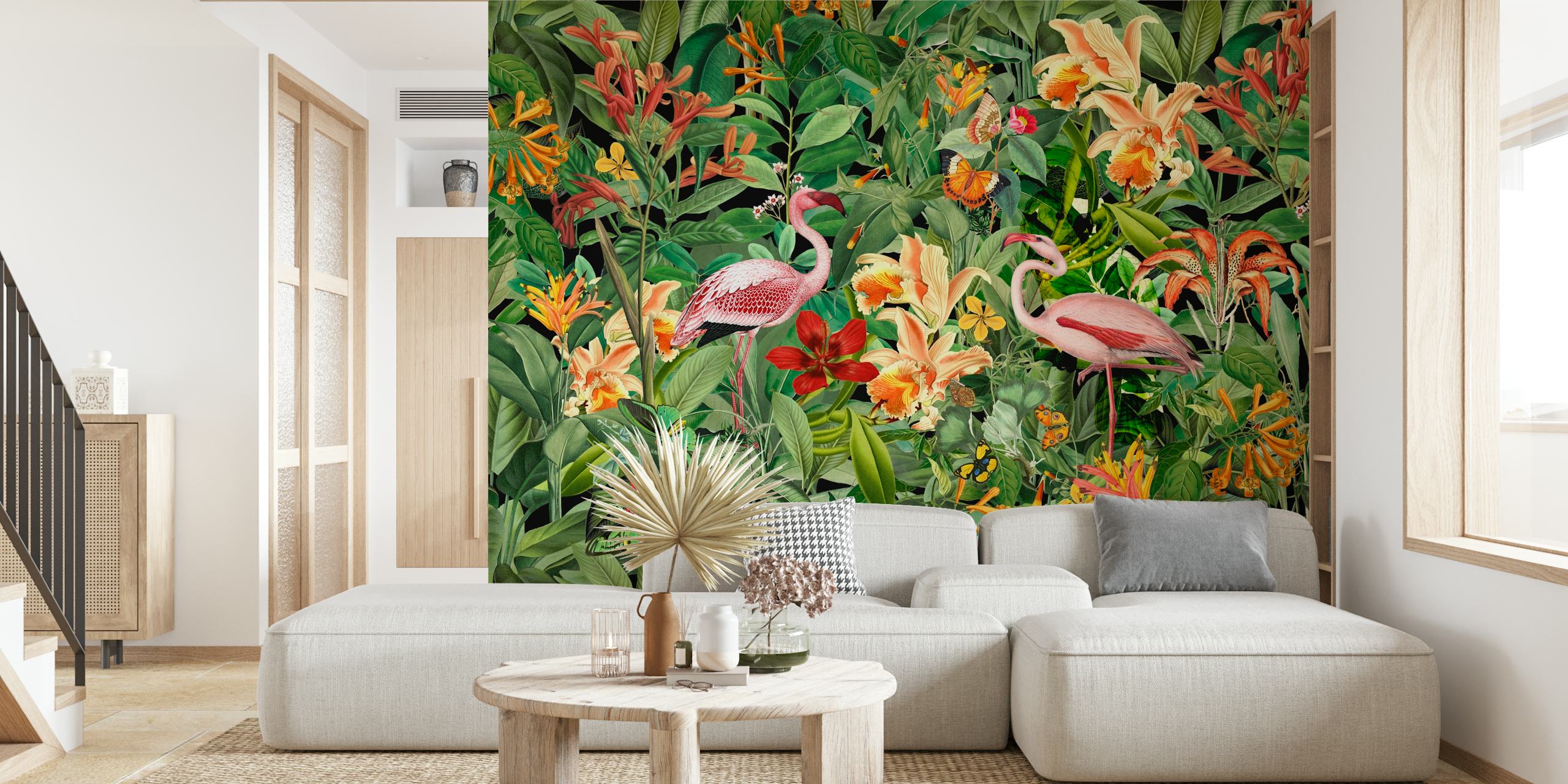 Tropical flamingo and floral jungle wallpaper with green leaves and vibrant colors
