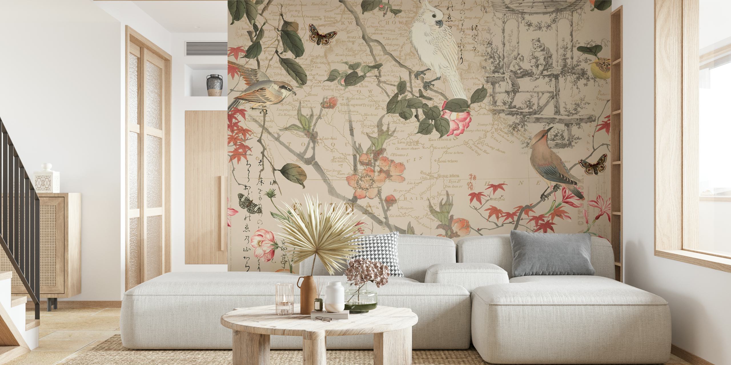 Papel de parede Chinoiserie Flower Cockatoo em uma sala