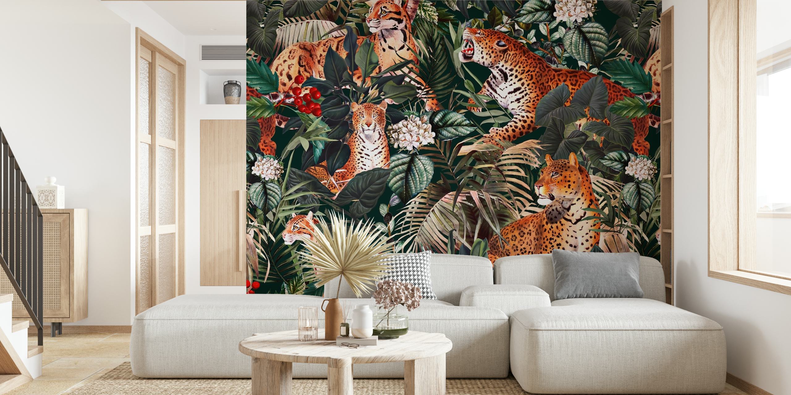 Leopard wallpaper surrounded by tropical leaves with dark background