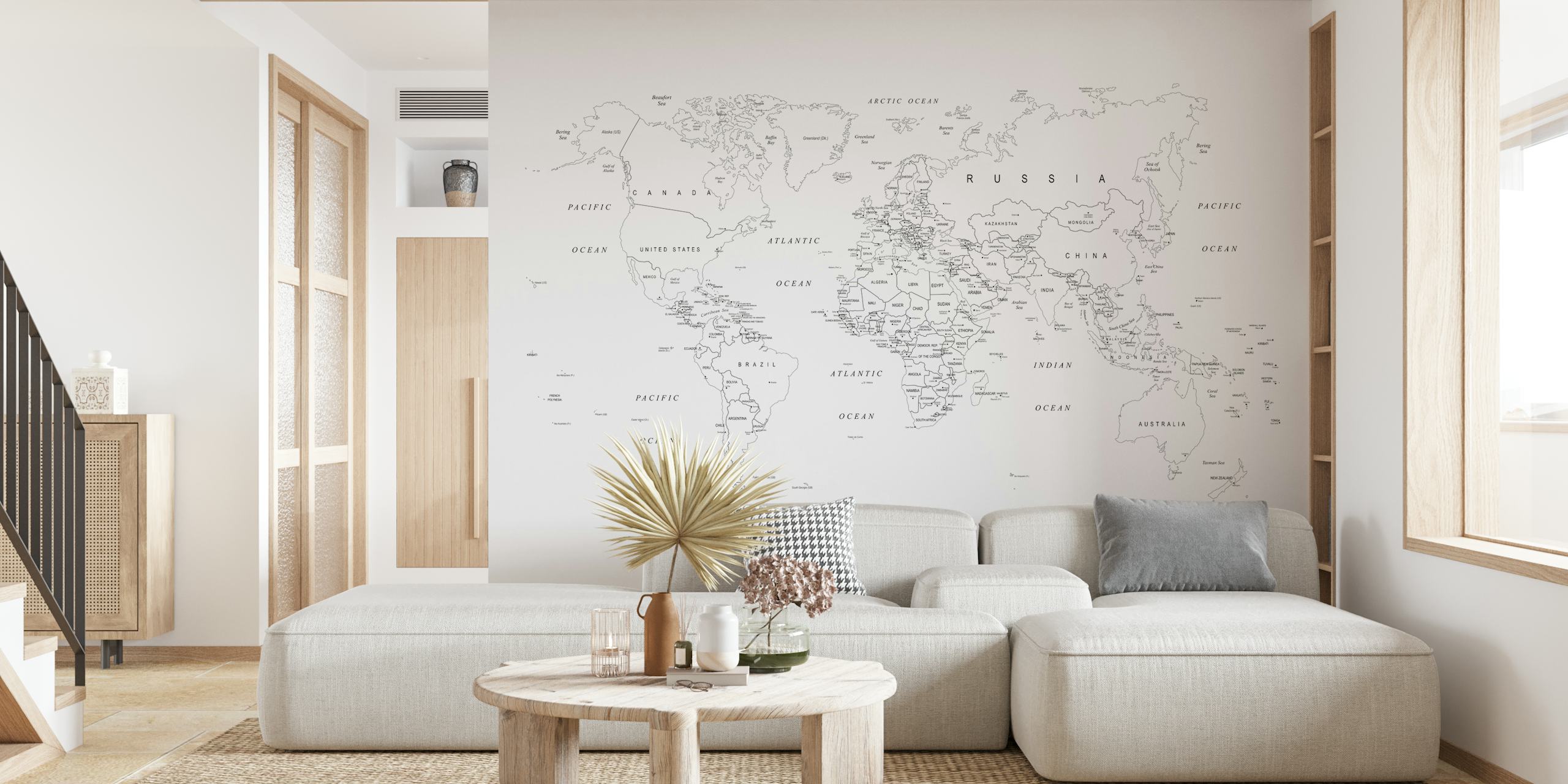 Black outline world map wall mural on a white background