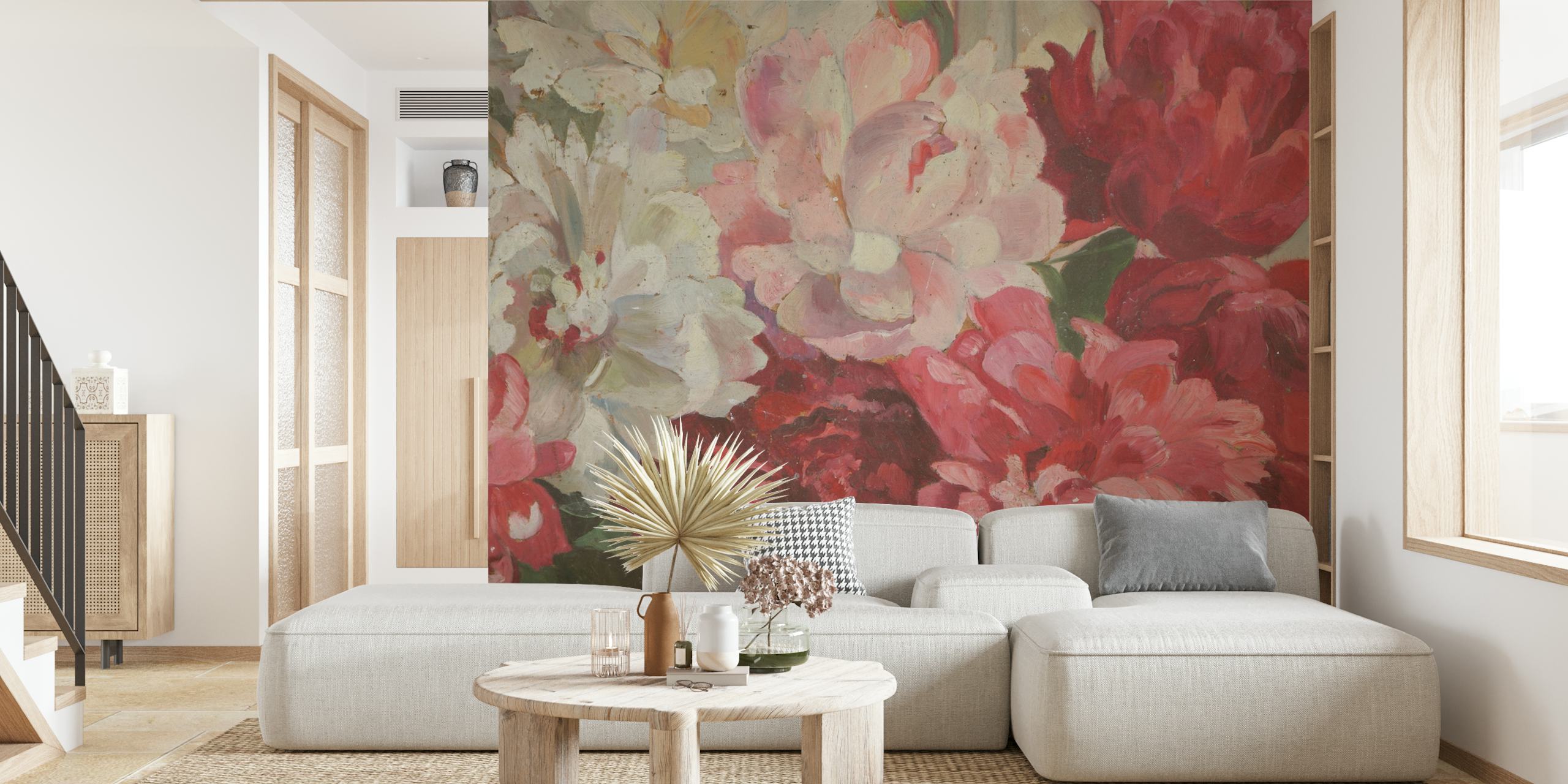 Elegant vintage flower wall mural with peonies in shades of pink and red