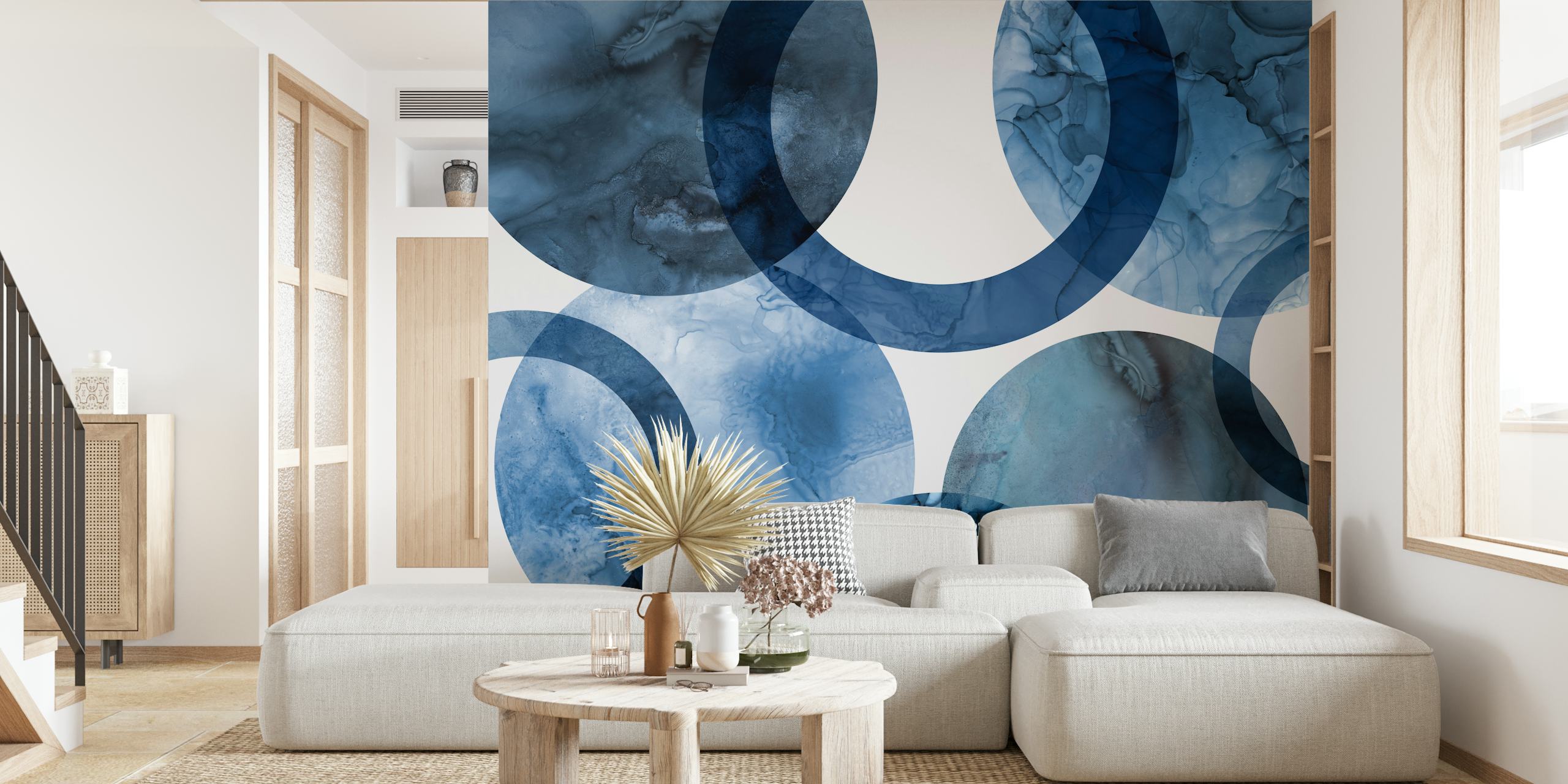 Blue circular abstract patterns with watercolor texture wallpaper
