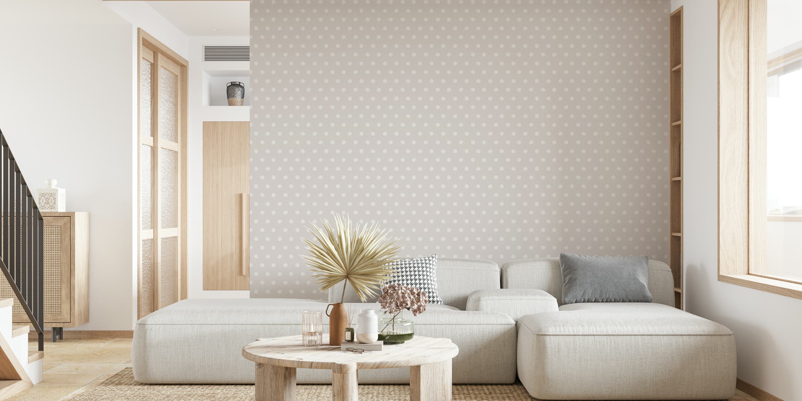 Wonky Dots pehmeä beige tapetti huoneessa