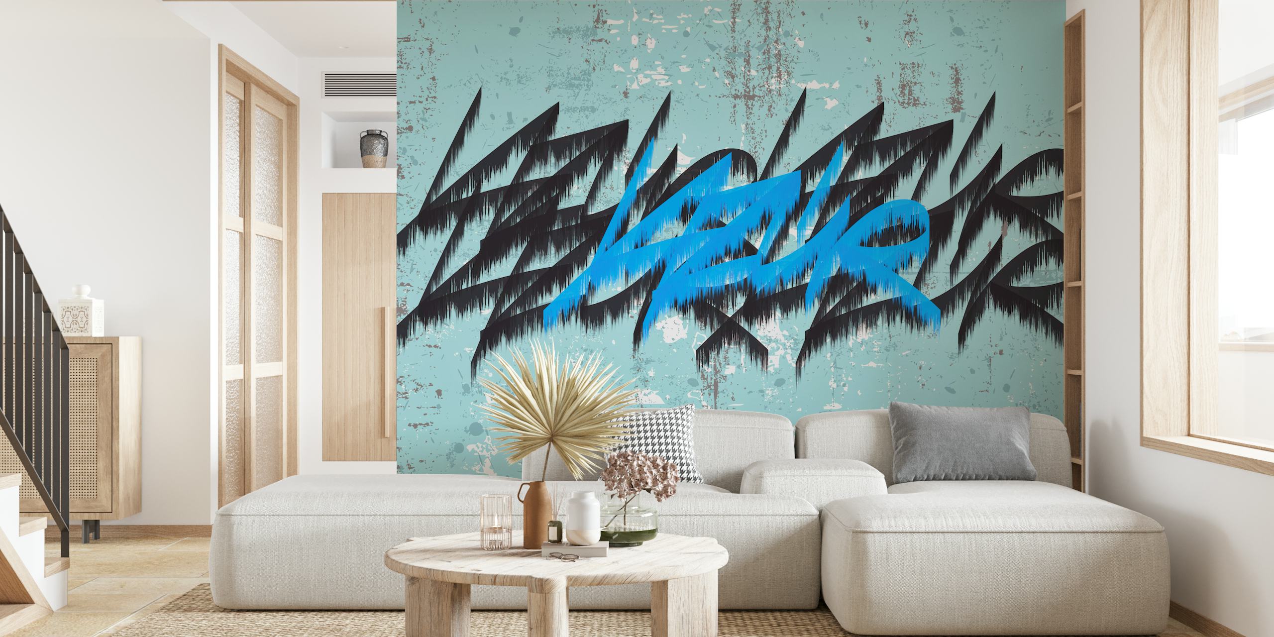 Colorful graffiti style artwork with blue and black patterns wallpaper