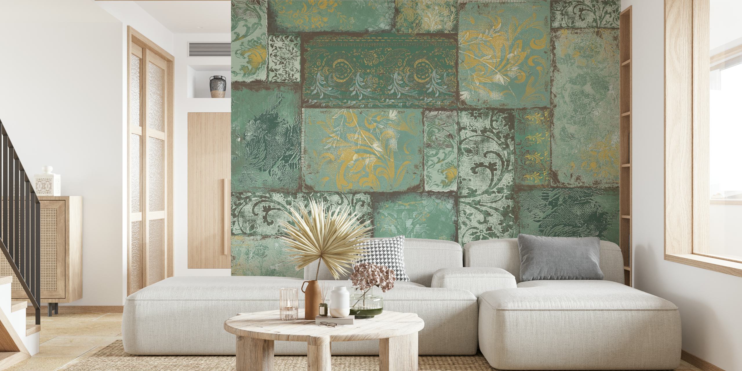 Bohemian patchwork green and ochre wallpaper with floral and abstract designs