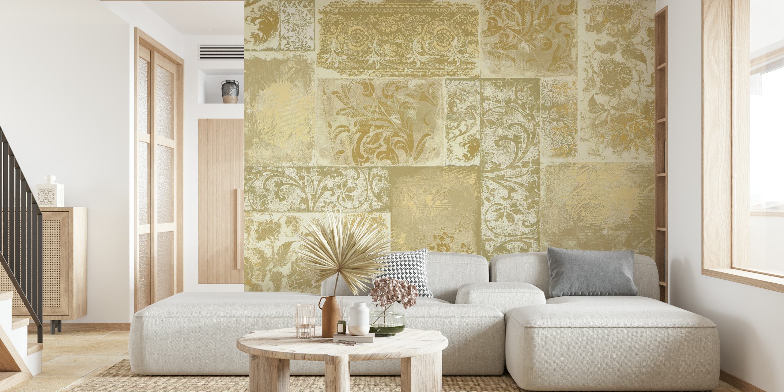 Bohemian Patchwork olive cream wallpaper in a room