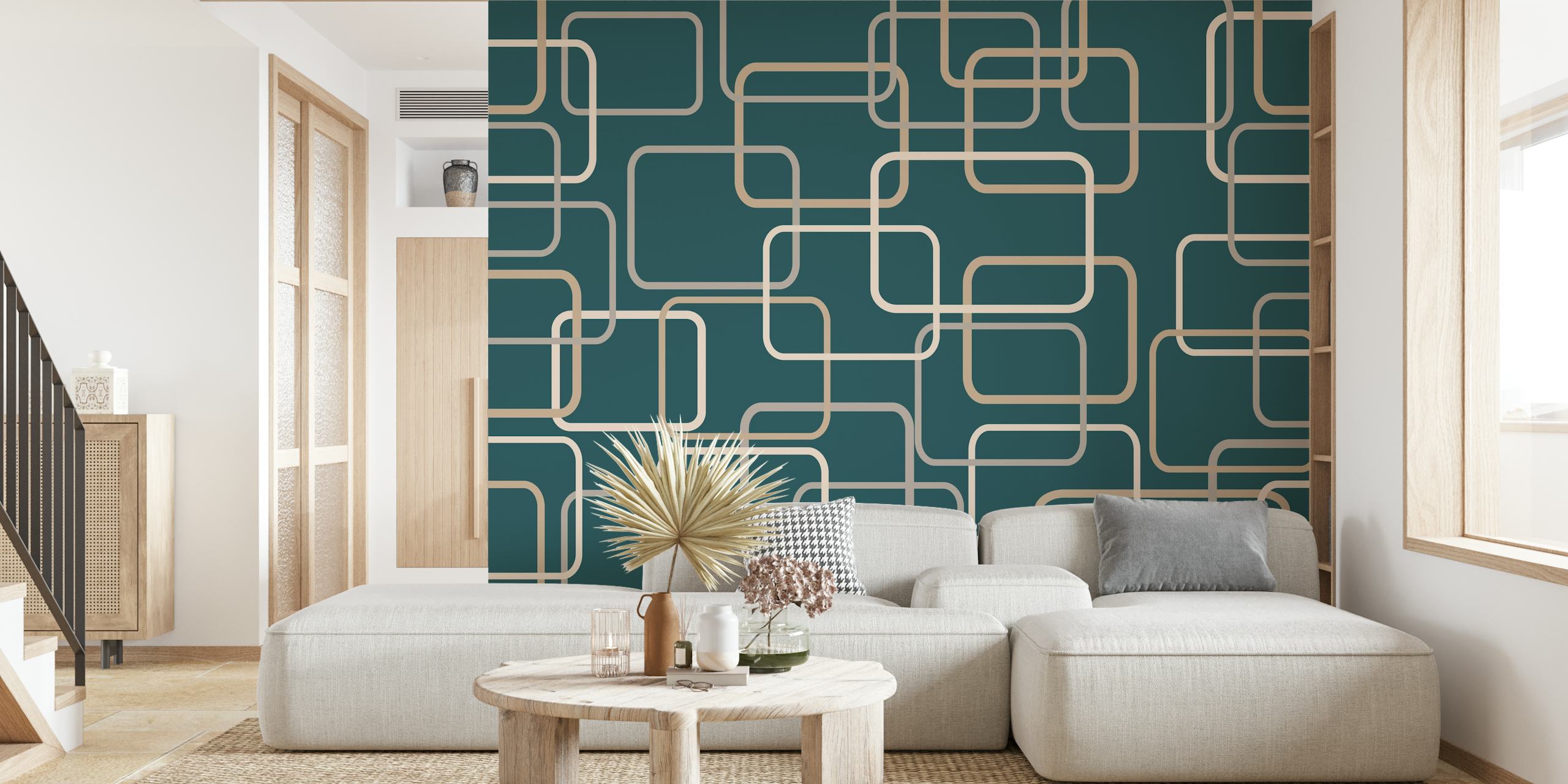 Geometric pattern with cream frames on teal background wallpaper