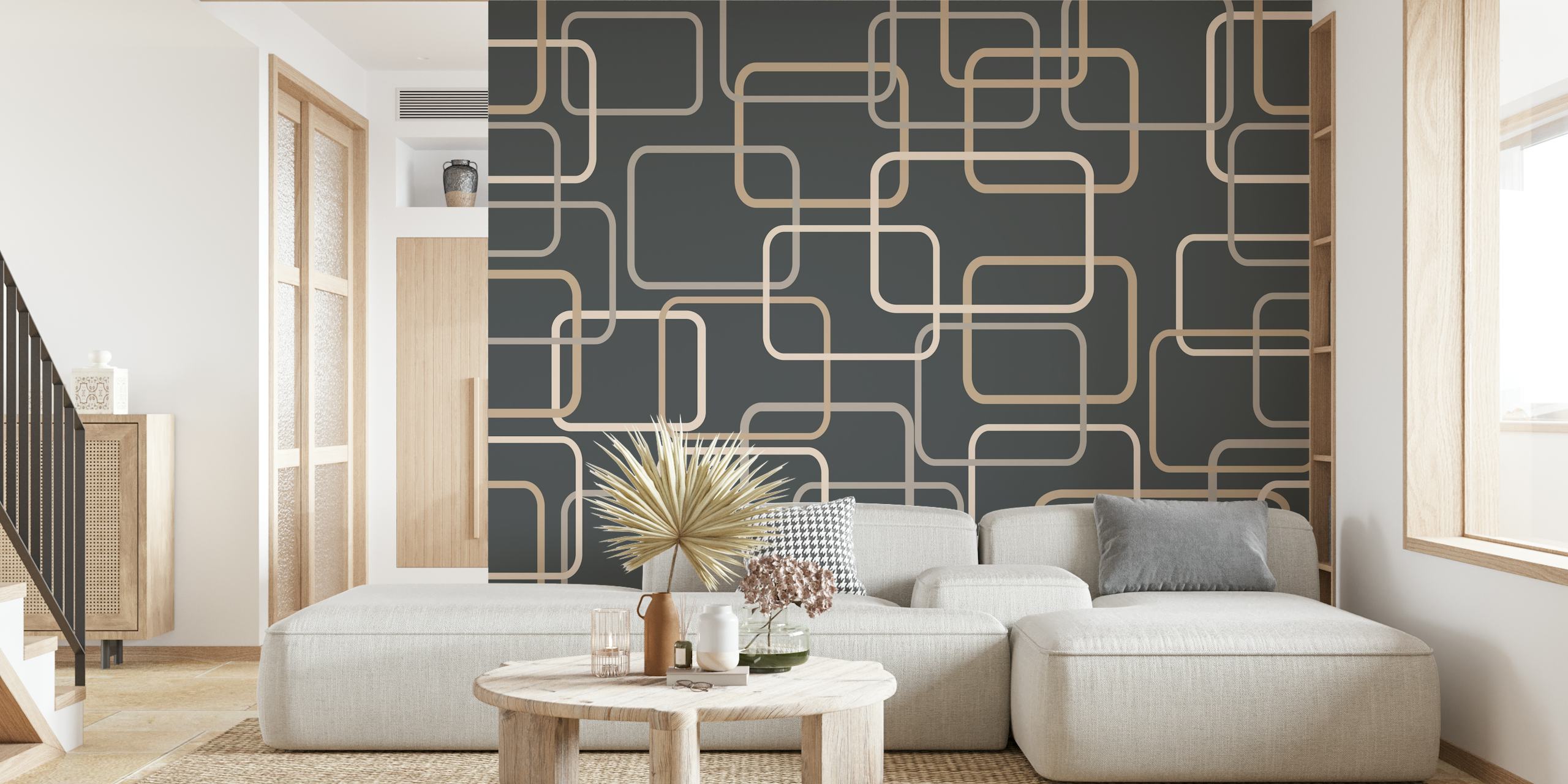 Midcentury geometrisk mønstret vægmaleri i nuancer af grå, creme og beige