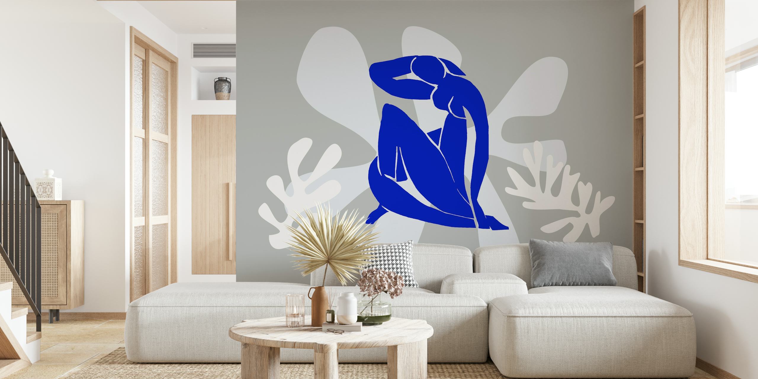 Μπλε βοτανικά σχέδια εμπνευσμένα από τον Matisse σε γκρι φόντο