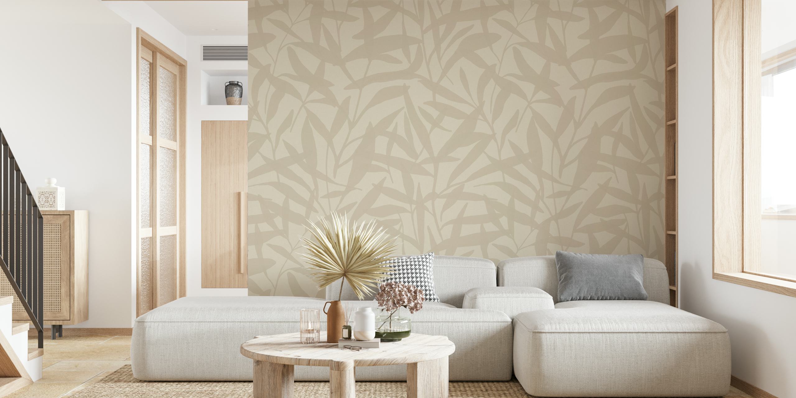 Neutraal beige fotobehang met een organisch verweven patroon