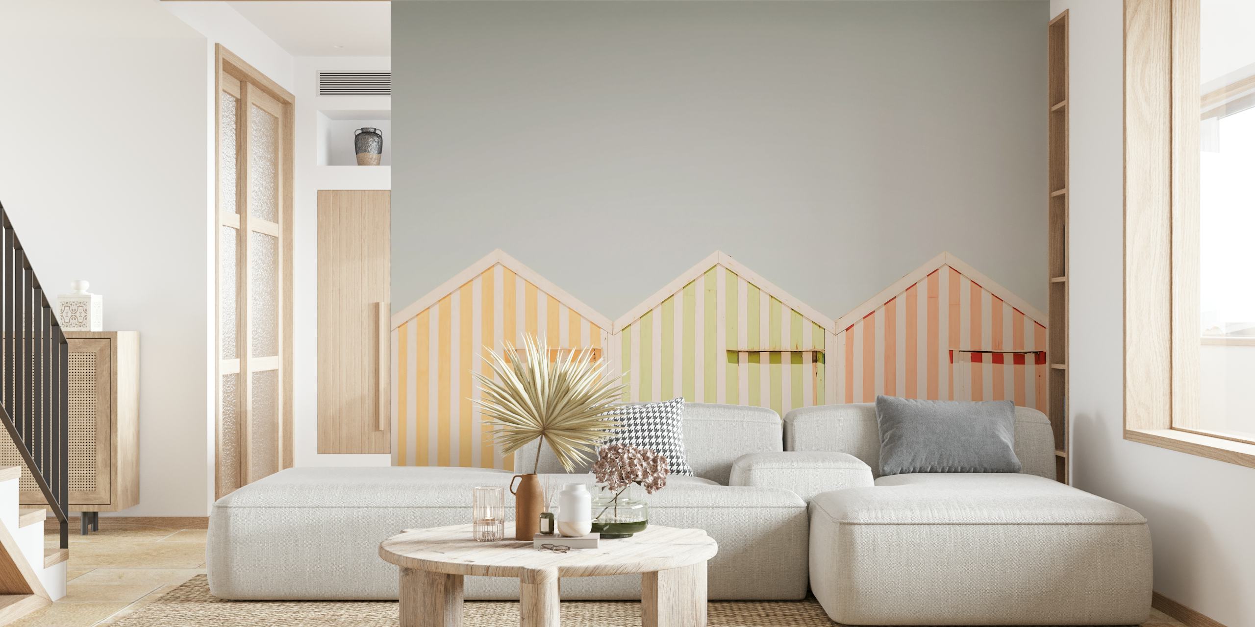 Beach Huts τοιχογραφία σε παστελ ρίγες με καθαρό φόντο ουρανού