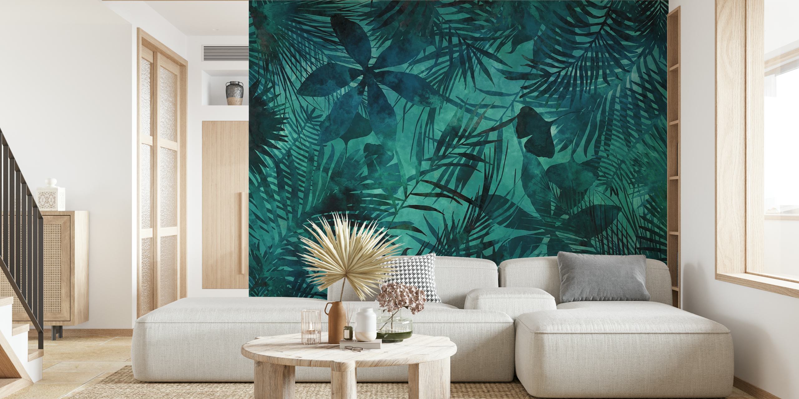 Tropical leaves in shades of green and teal wallpaper