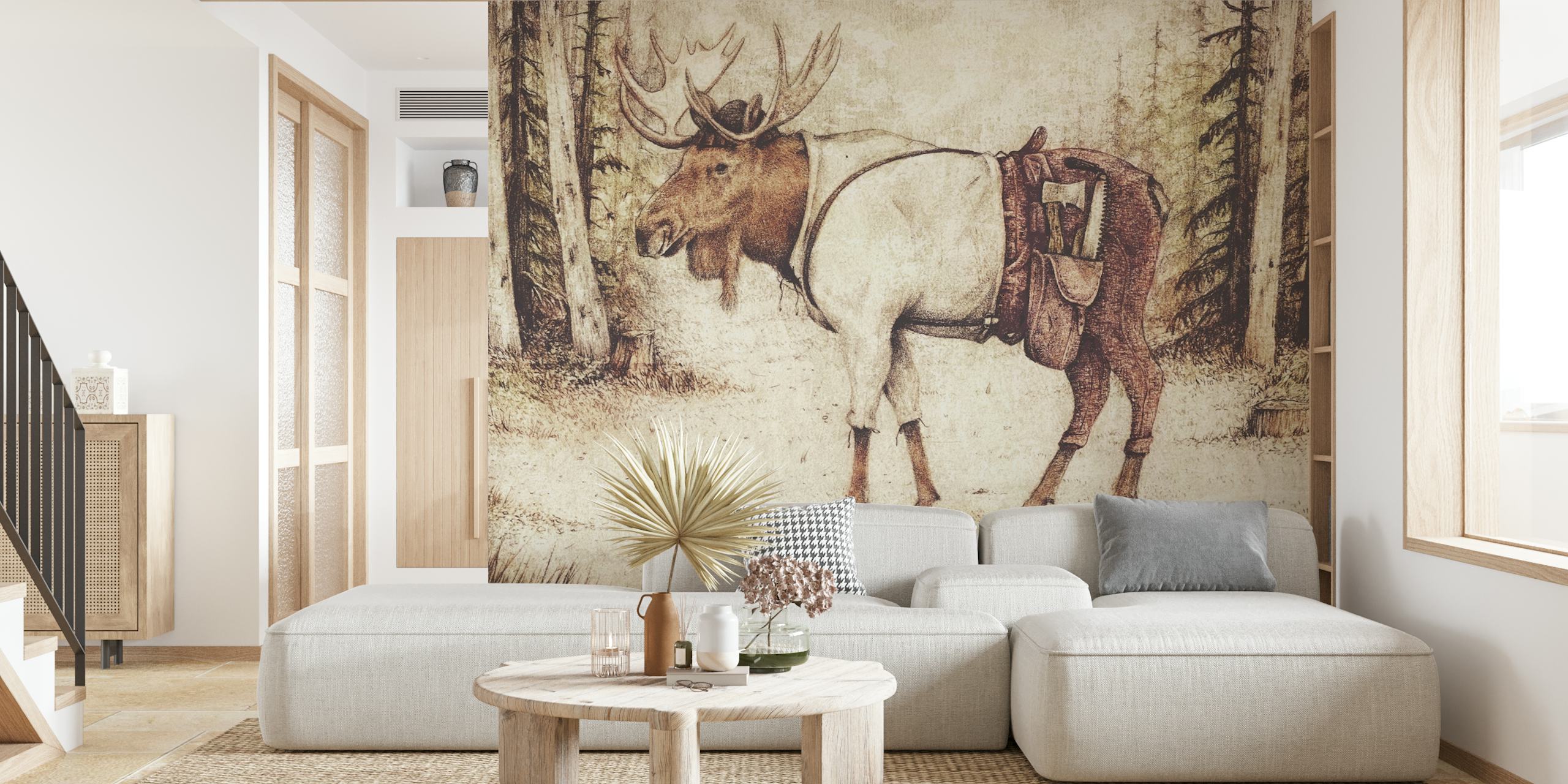 Whimsical moose standing in a forest with muted colors wallpaper