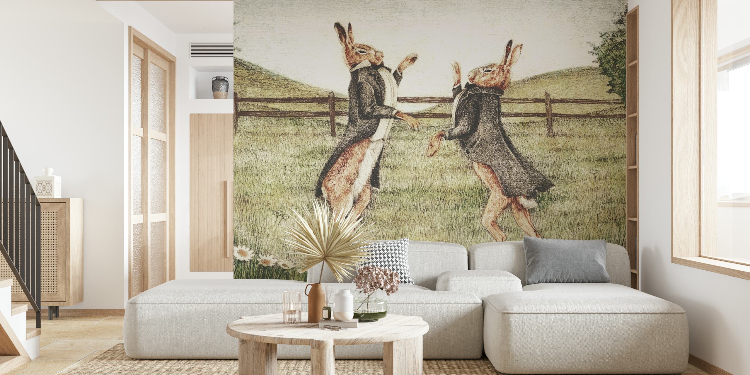 Παιχνιδιάρικη ταπετσαρία με δύο κουνέλια σε παλτό