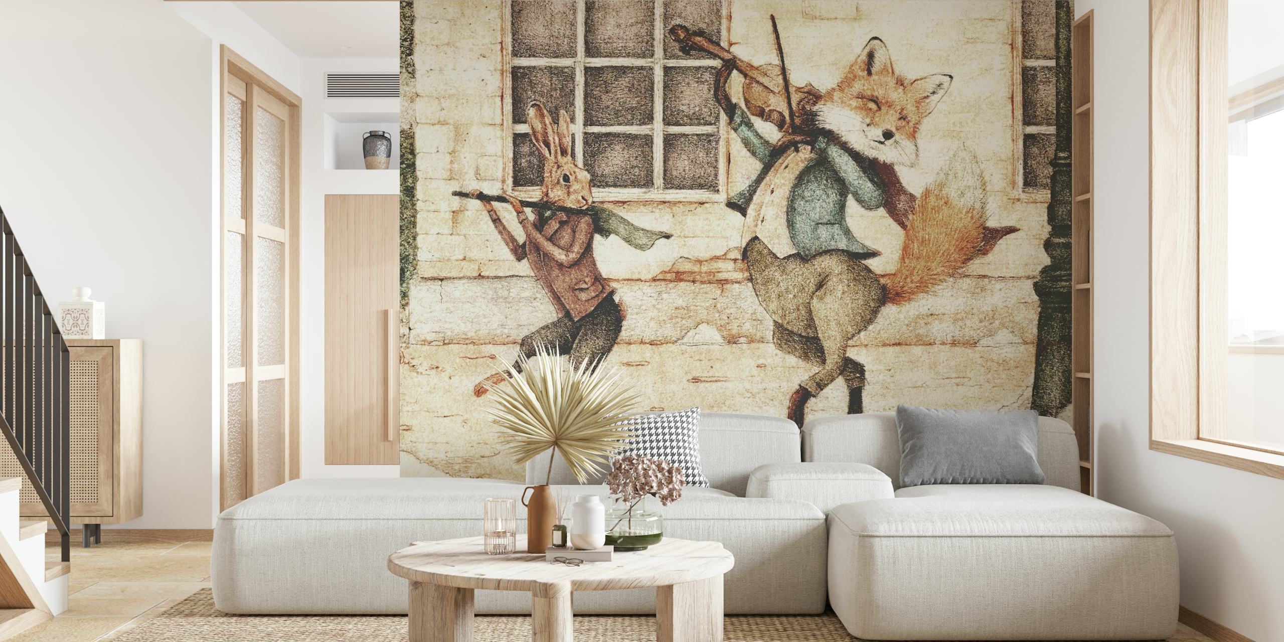 Tapeta s podivnými zvířecími hudebníky v pokoji