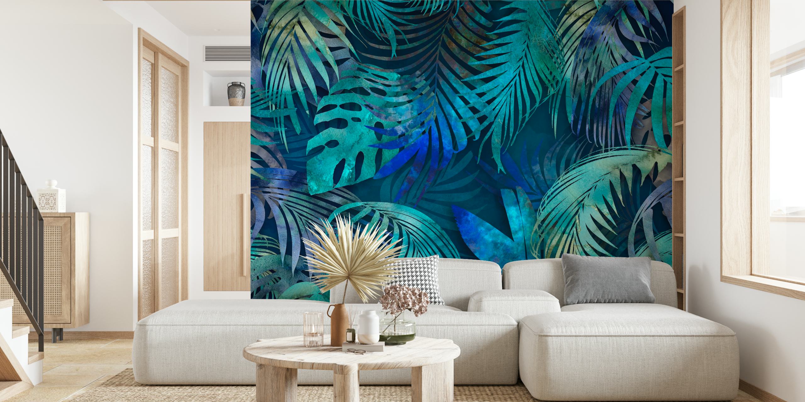 Tropical jungle green leaves wallpaper in teal and blue hues