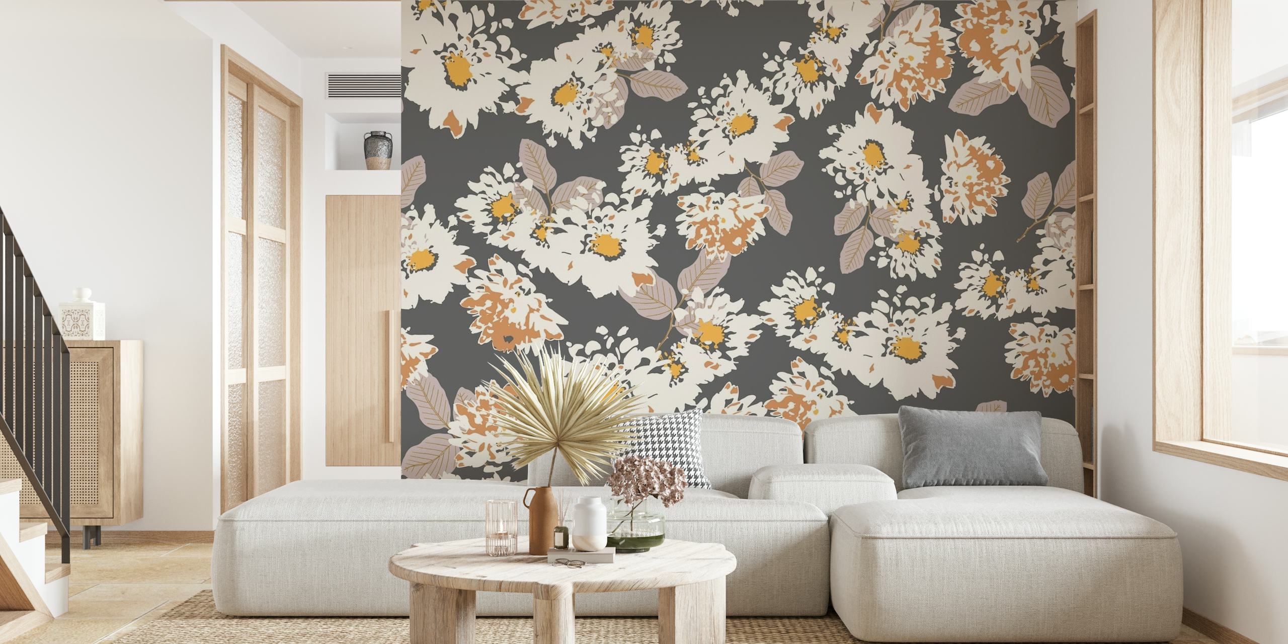 Papier peint floral anthracite et crème avec un motif à feuilles persistantes
