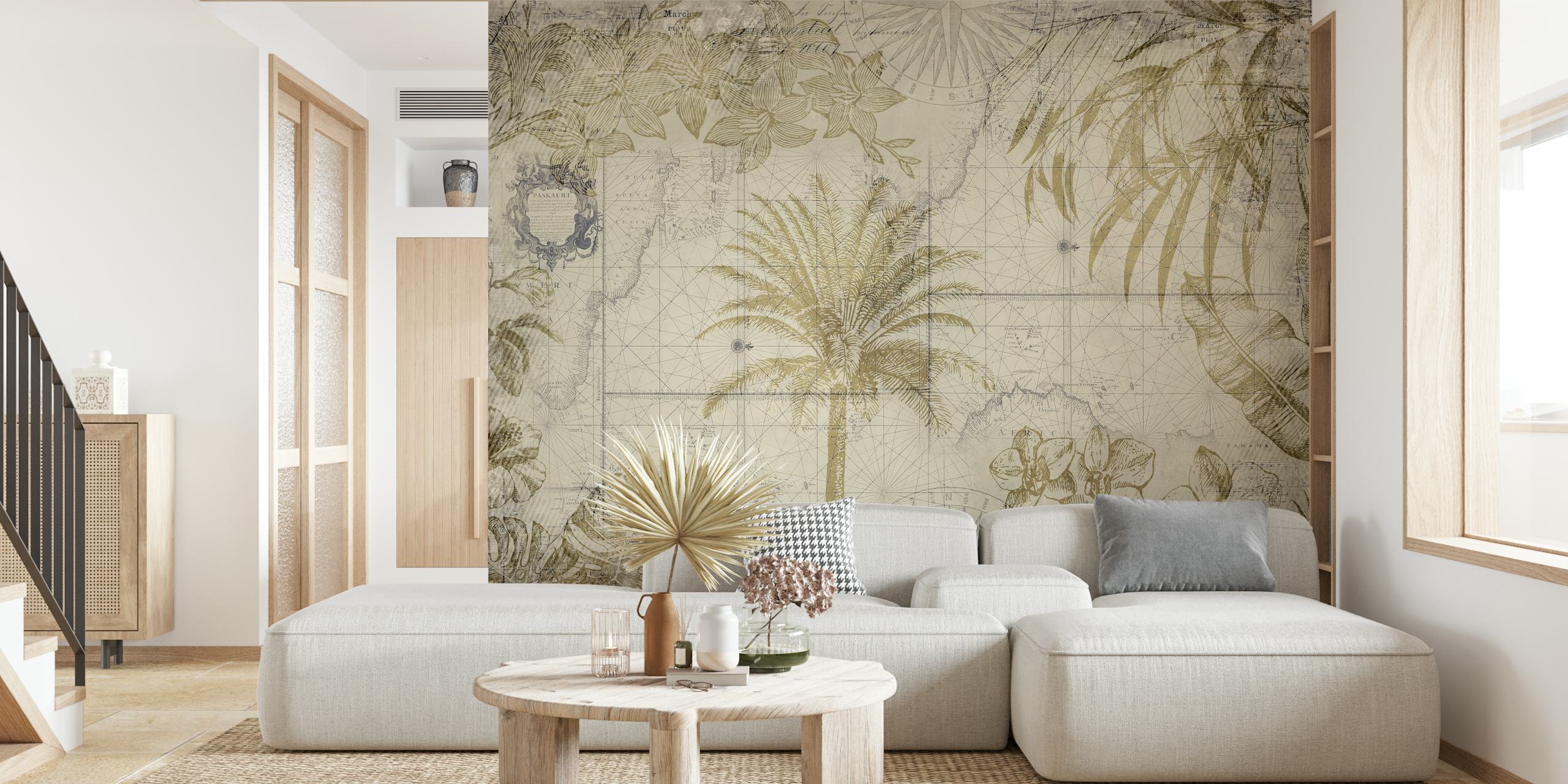 Monochrome tropische jungle muurschildering met palmbladeren en exotische planten in grijstinten