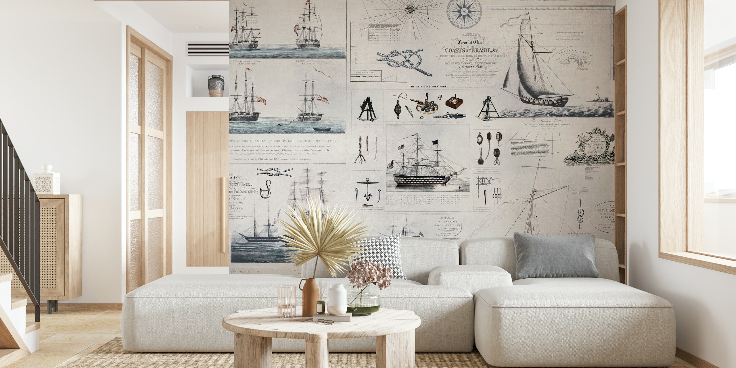 Vintage nautical wallpaper featuring blue ships and maps