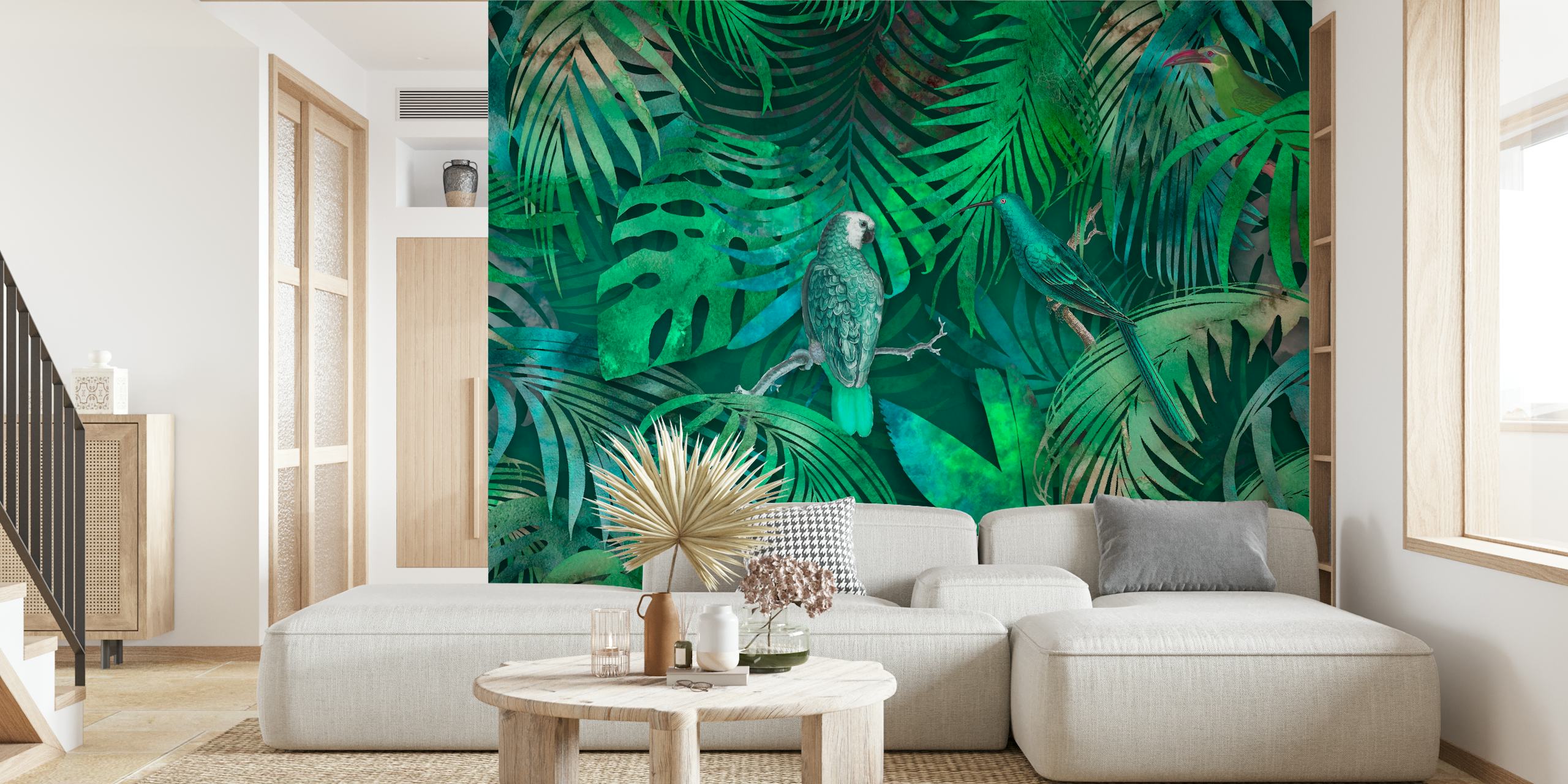 A verdant wall mural with parrots hidden among tropical leaves