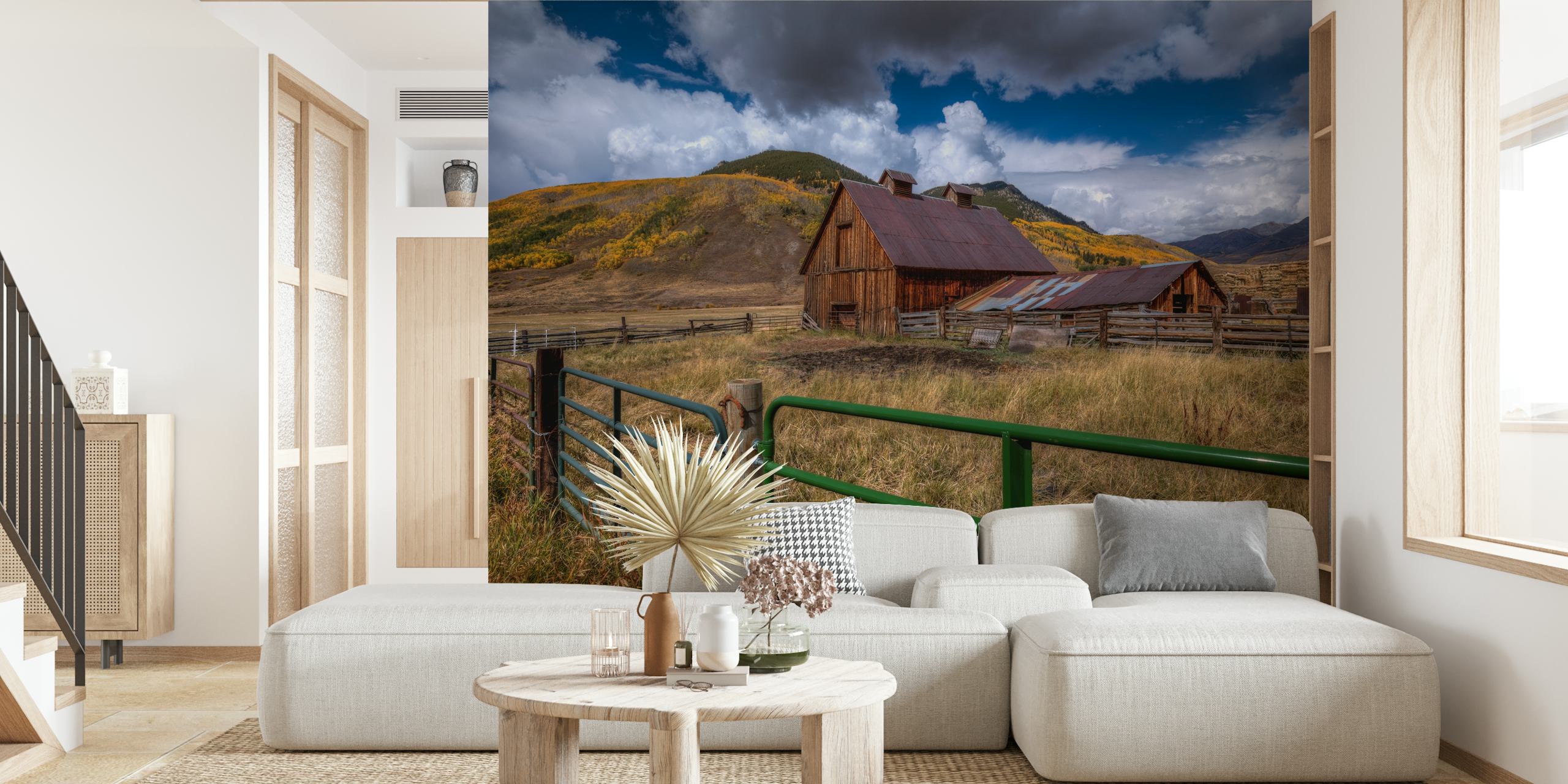 Autumn harvest themed wallpaper in a room