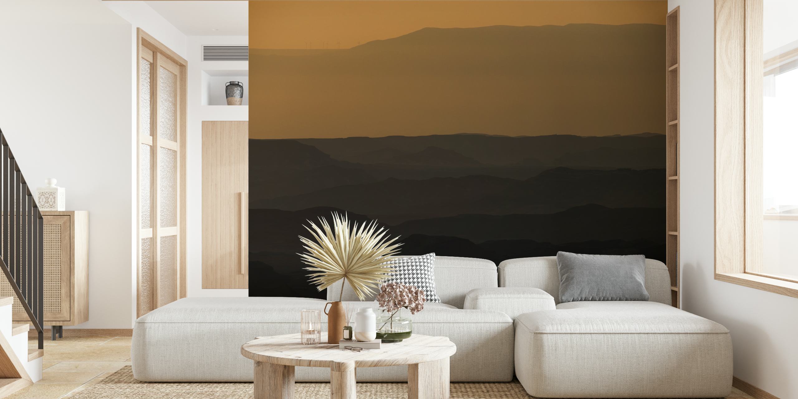 Sunset over Ramon crater with layered hills in warm tones wallpaper