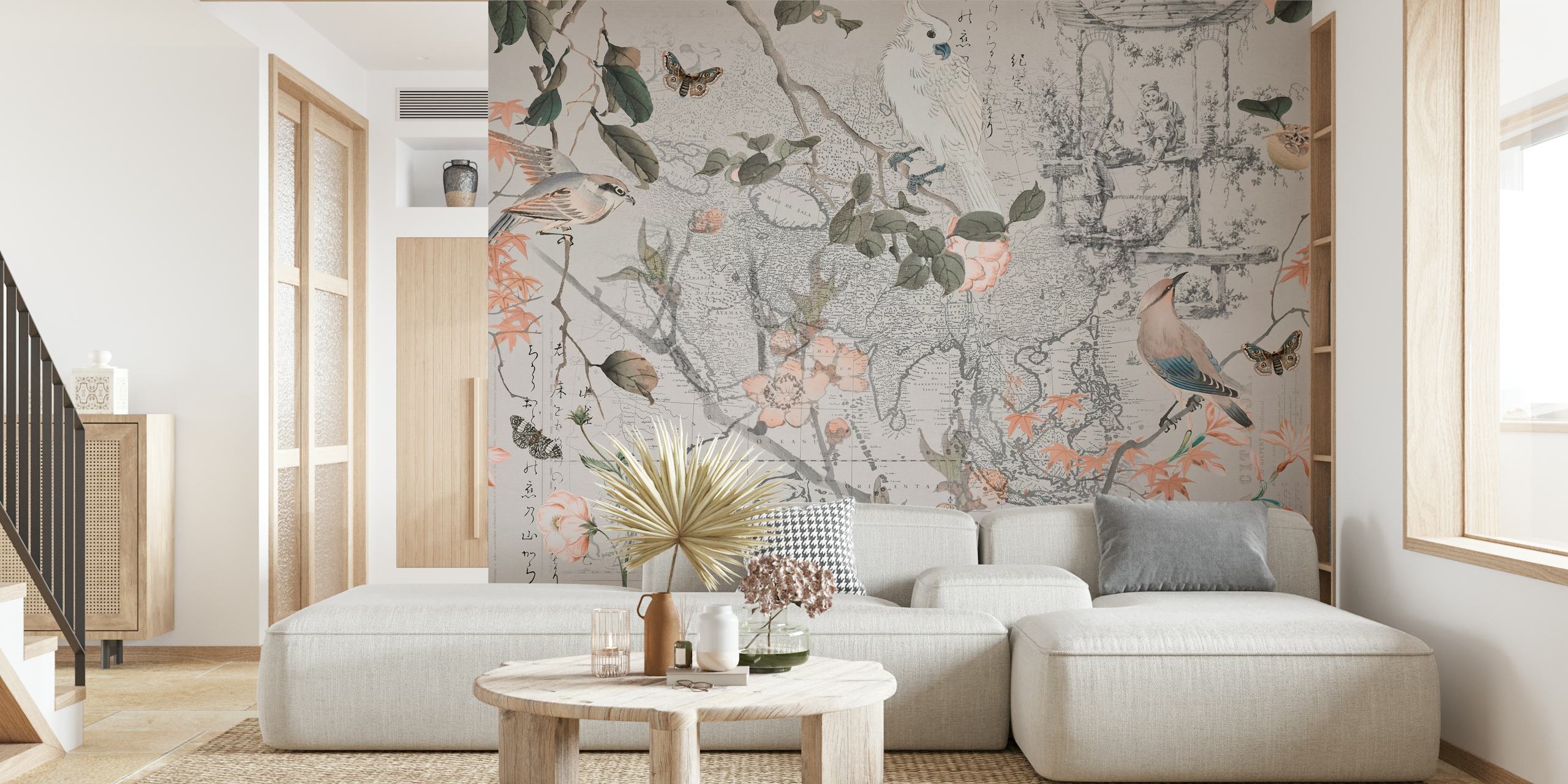 Chinoiserie floral wallpaper with birds, blossoms, and Chinese motifs in soft colors