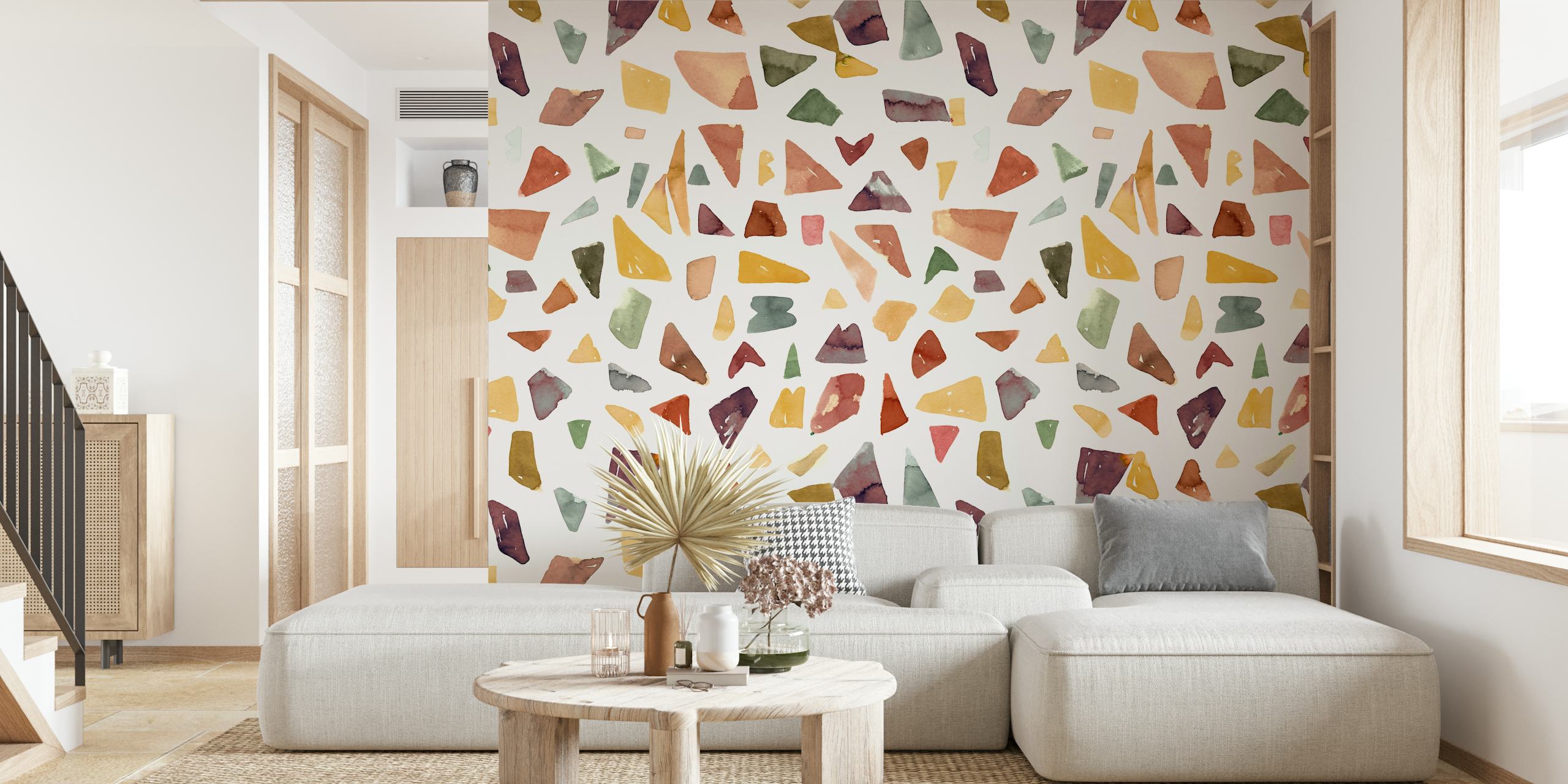 Colorful geometric shapes in earthy tones on light background wallpaper