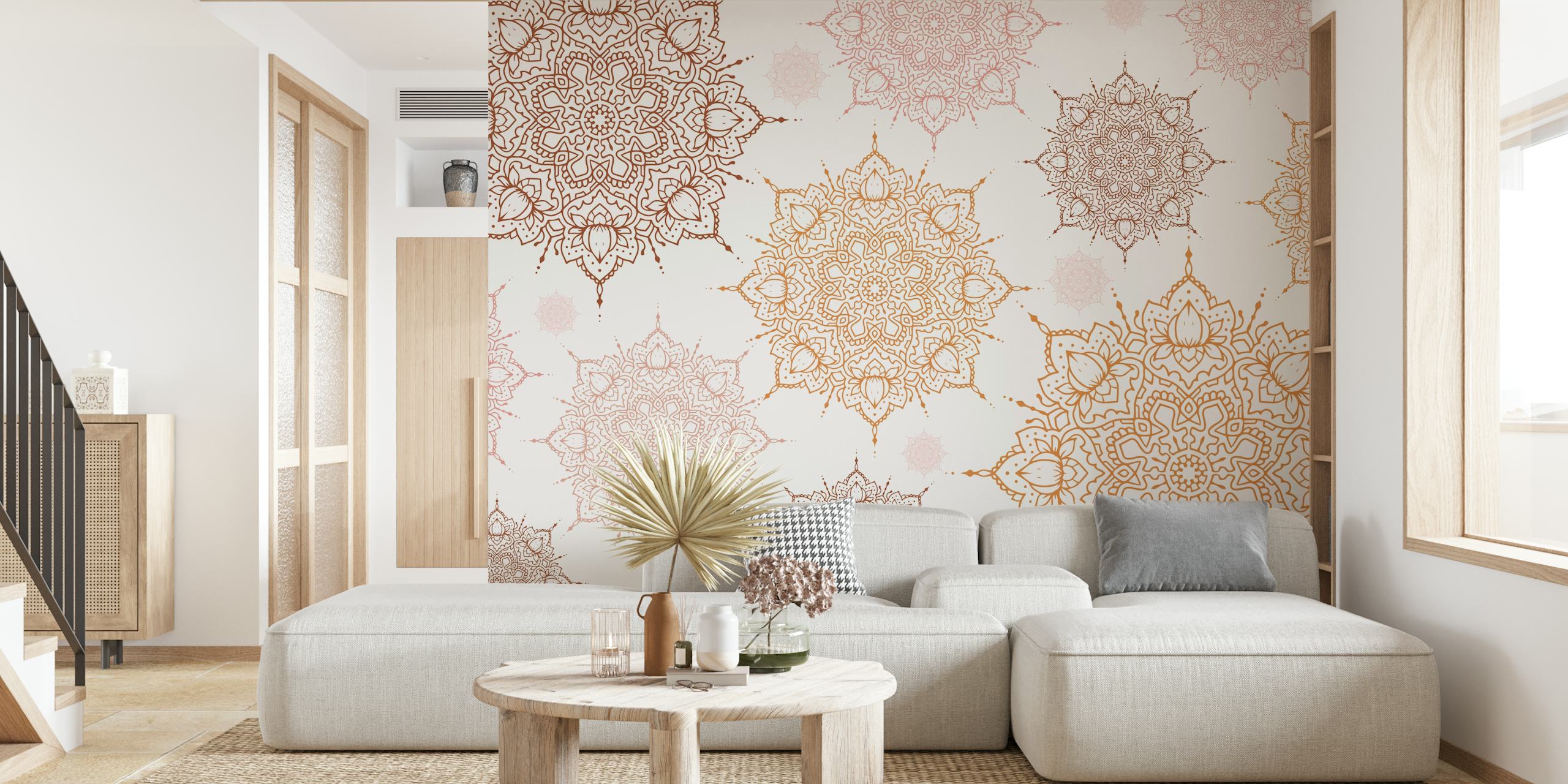 Intricate mandala patterns in soft peach and gold tones on white background wallpaper