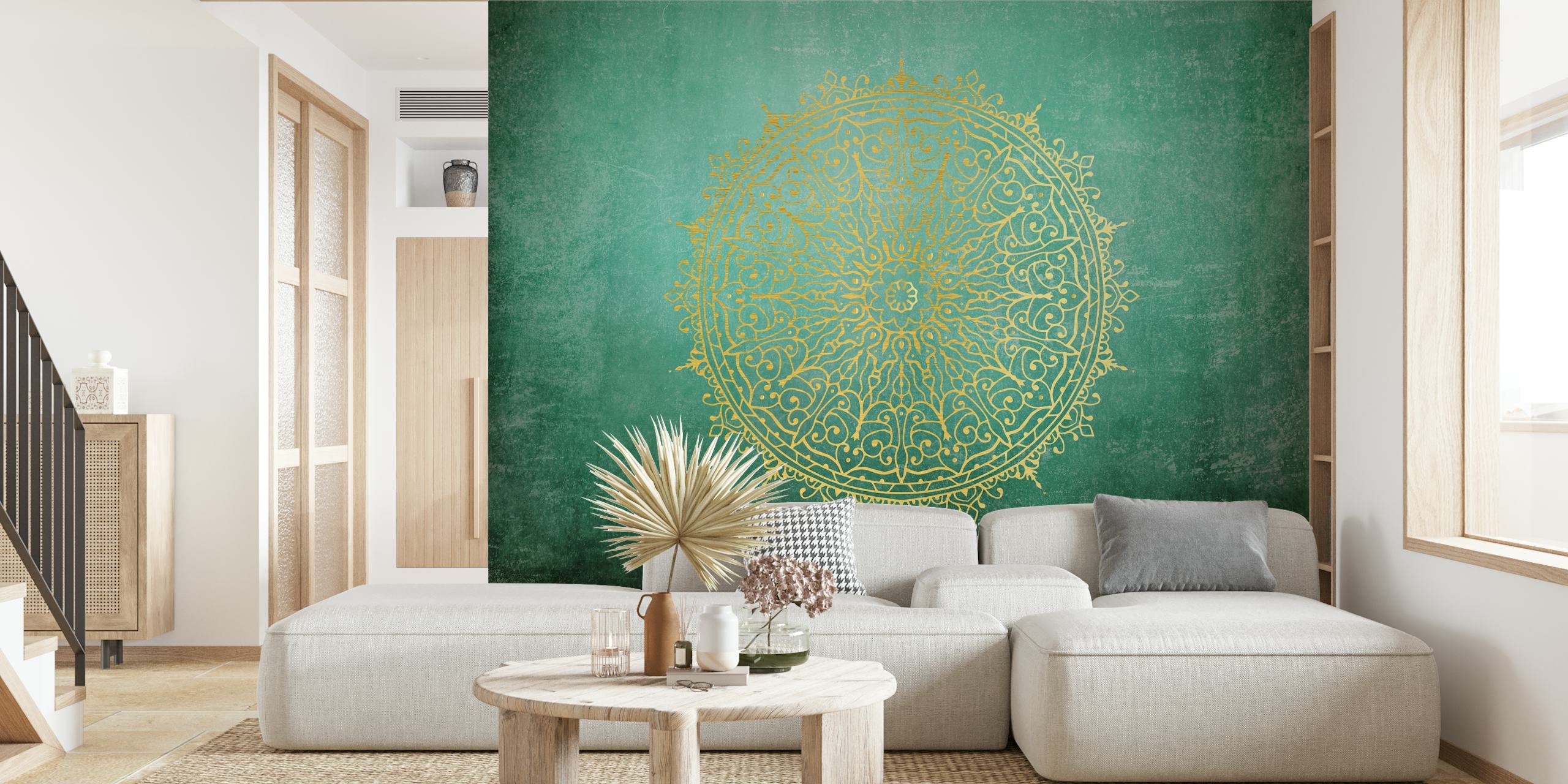 Carta da parati verde smeraldo con intricato disegno di mandala dorati