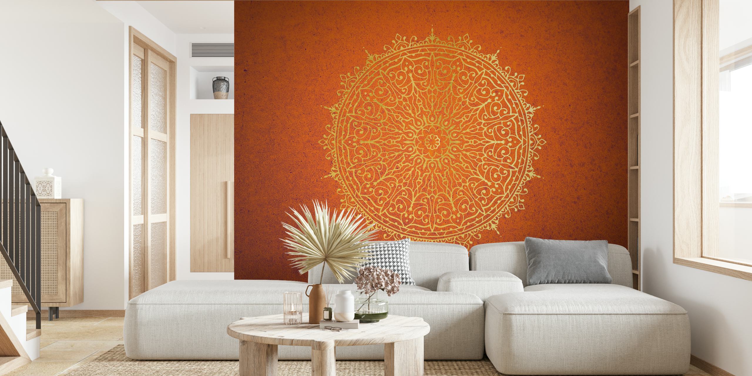 Burnt orange mandala with intricate gold patterns wallpaper