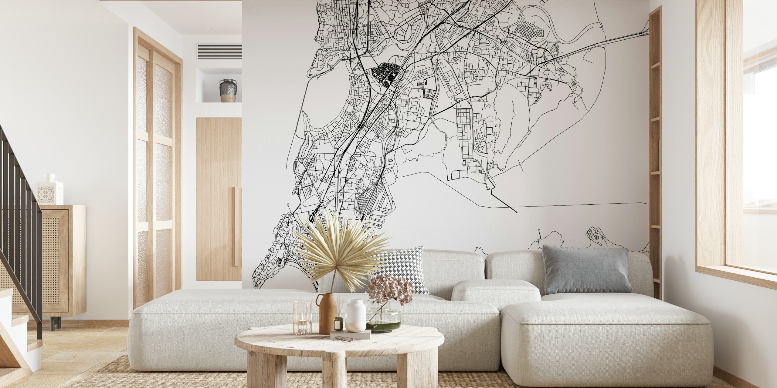 Black and white city map with roads and landmarks wallpaper