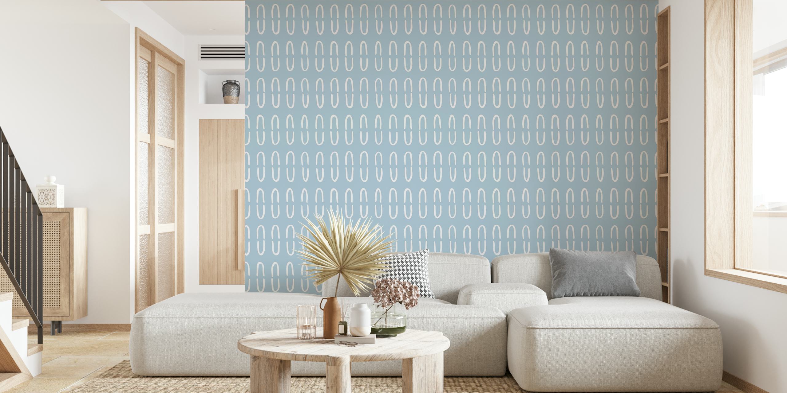 light blue wall mural with white U-shaped patterns