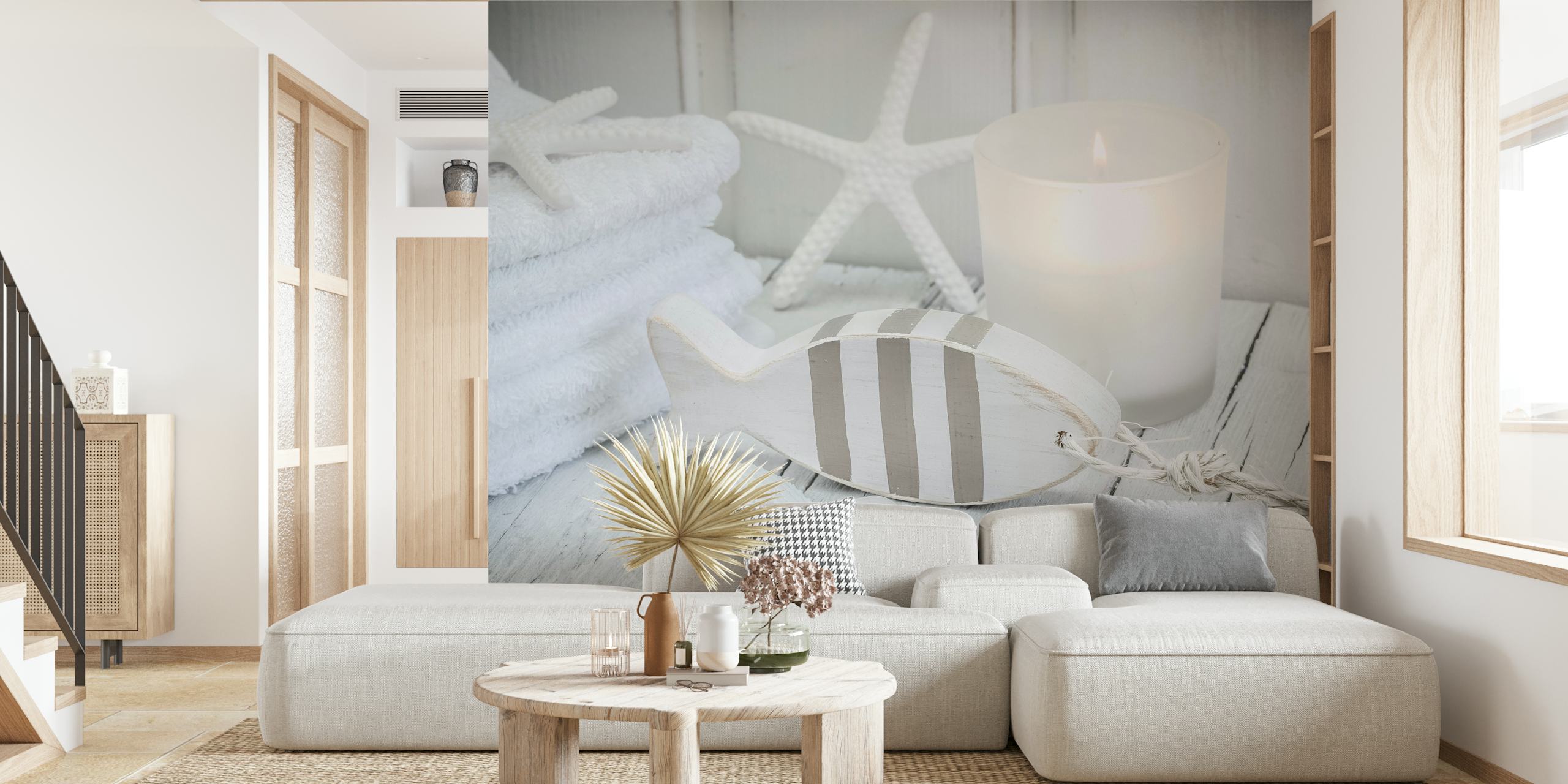 Fotomurale da parete Maritime Spa Still Life con stelle marine, candele e pesci ornamentali per un arredamento rilassante