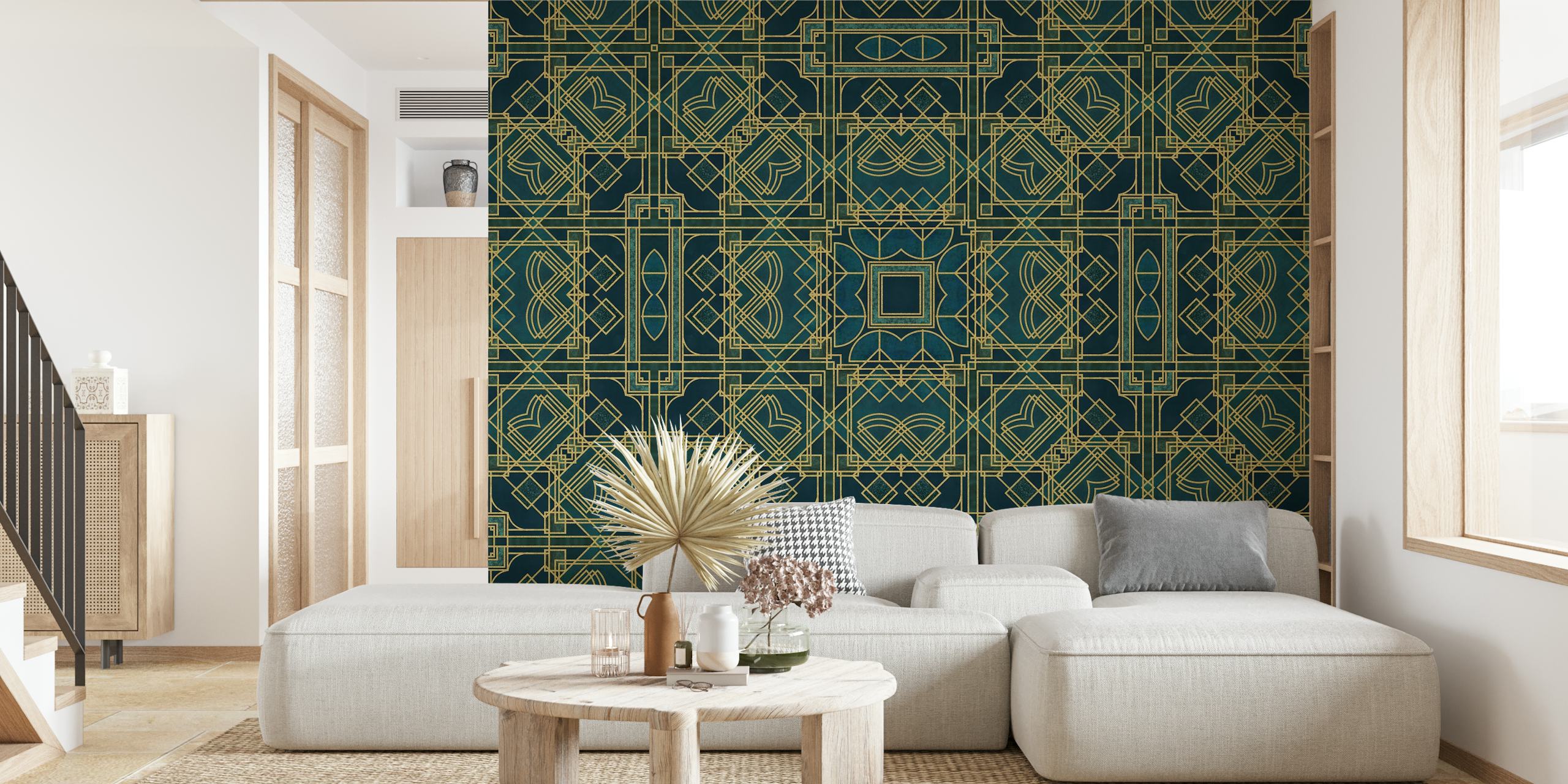 Geometric gold and navy pattern wallpaper in Art Deco style