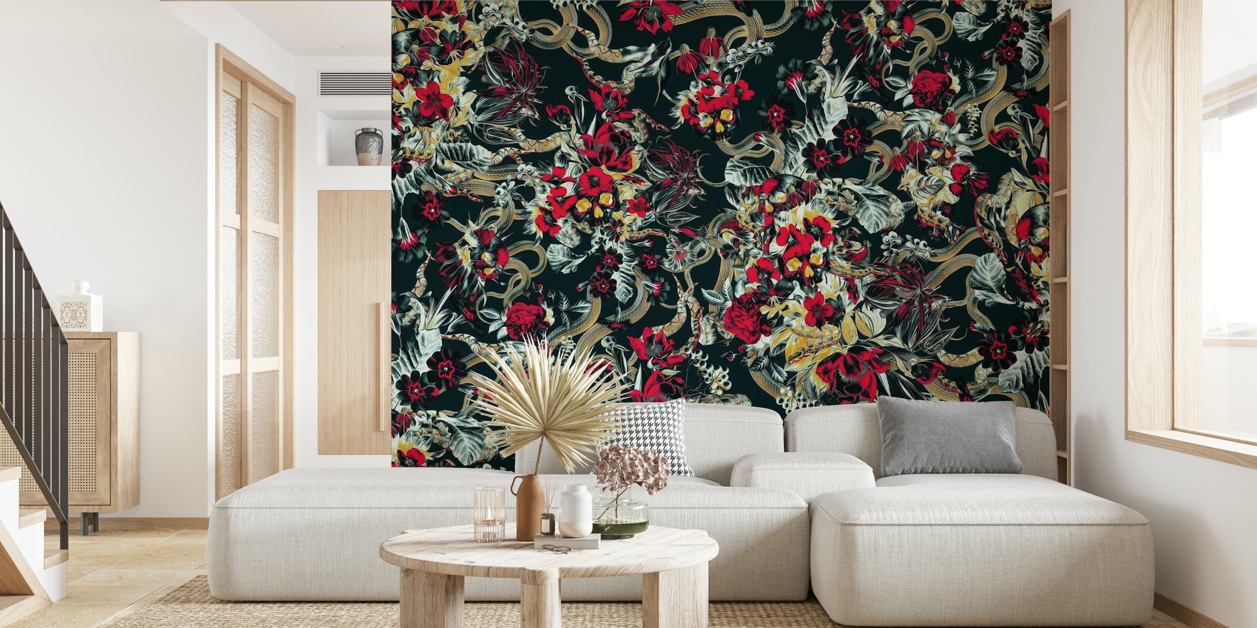 Skull and snakes with red flowers and gold accents wallpaper