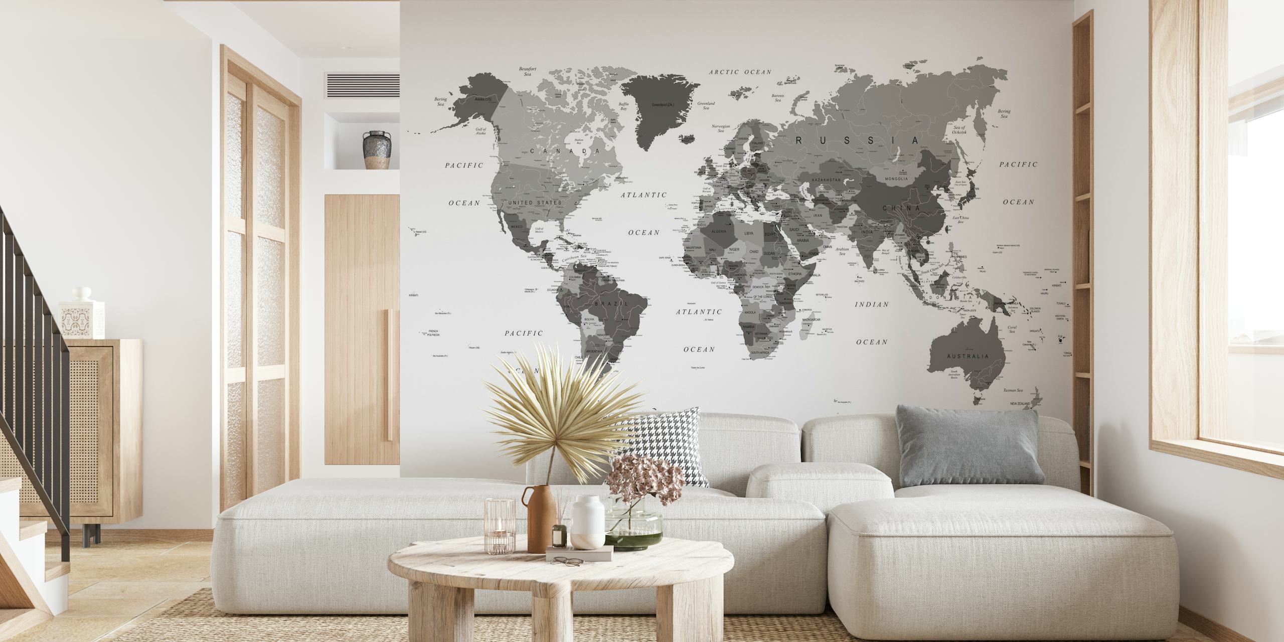 Sophisticated Monochrome World Map Wallpaper, featuring countries, cities, and oceans
