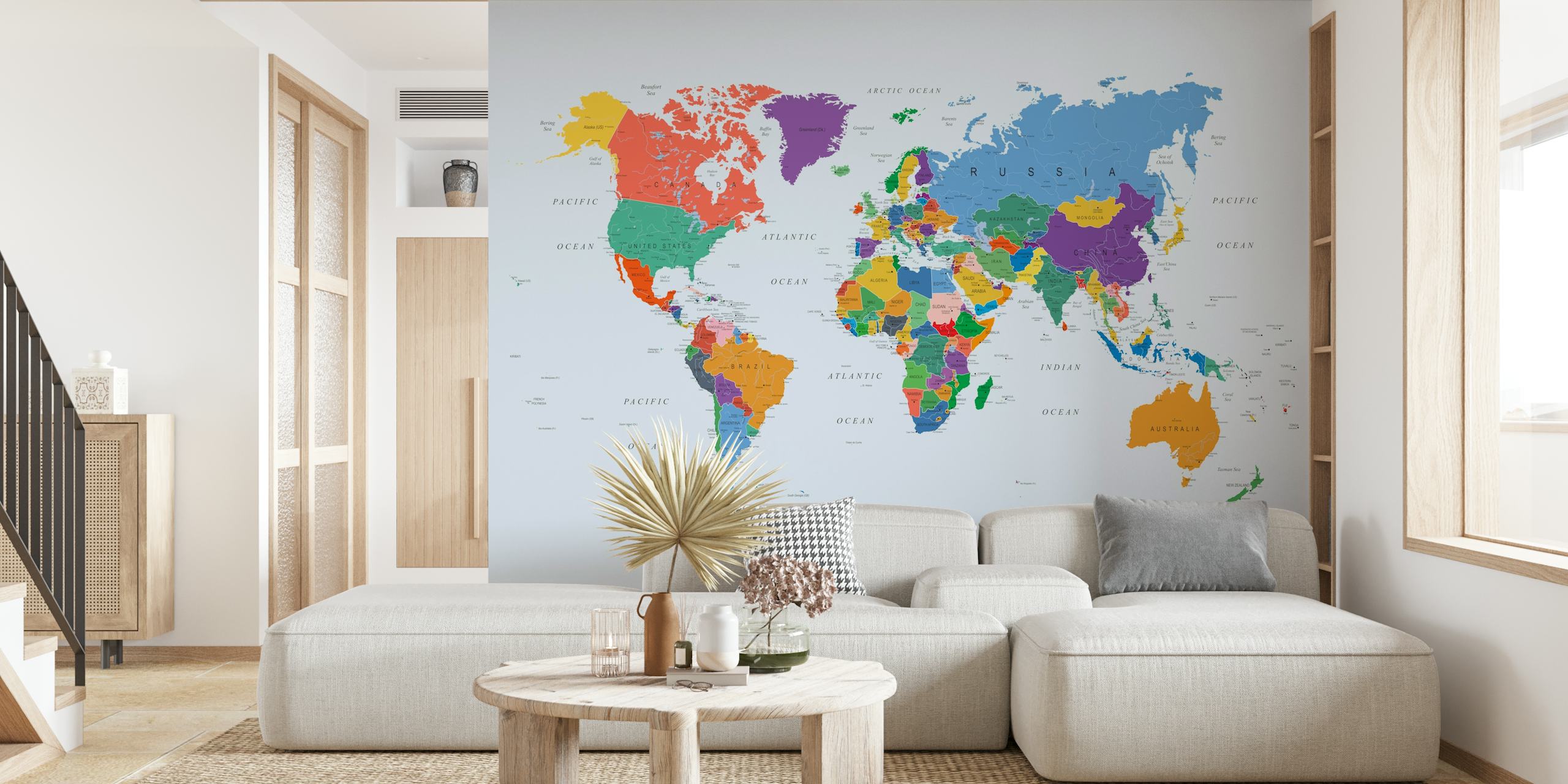 Colorful world map wallpaper in a room