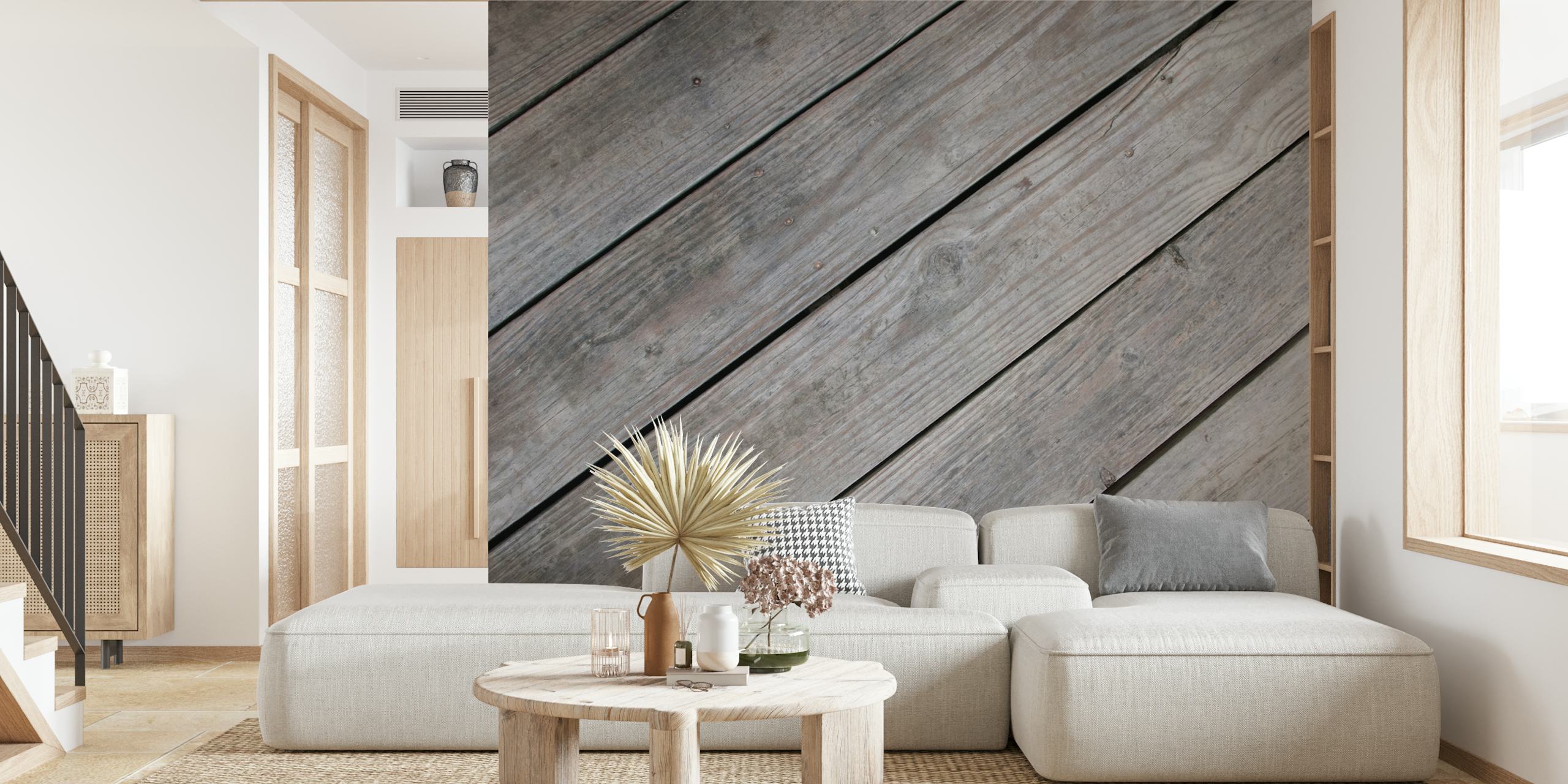 Rustic wood stripes wallpaper in a living room