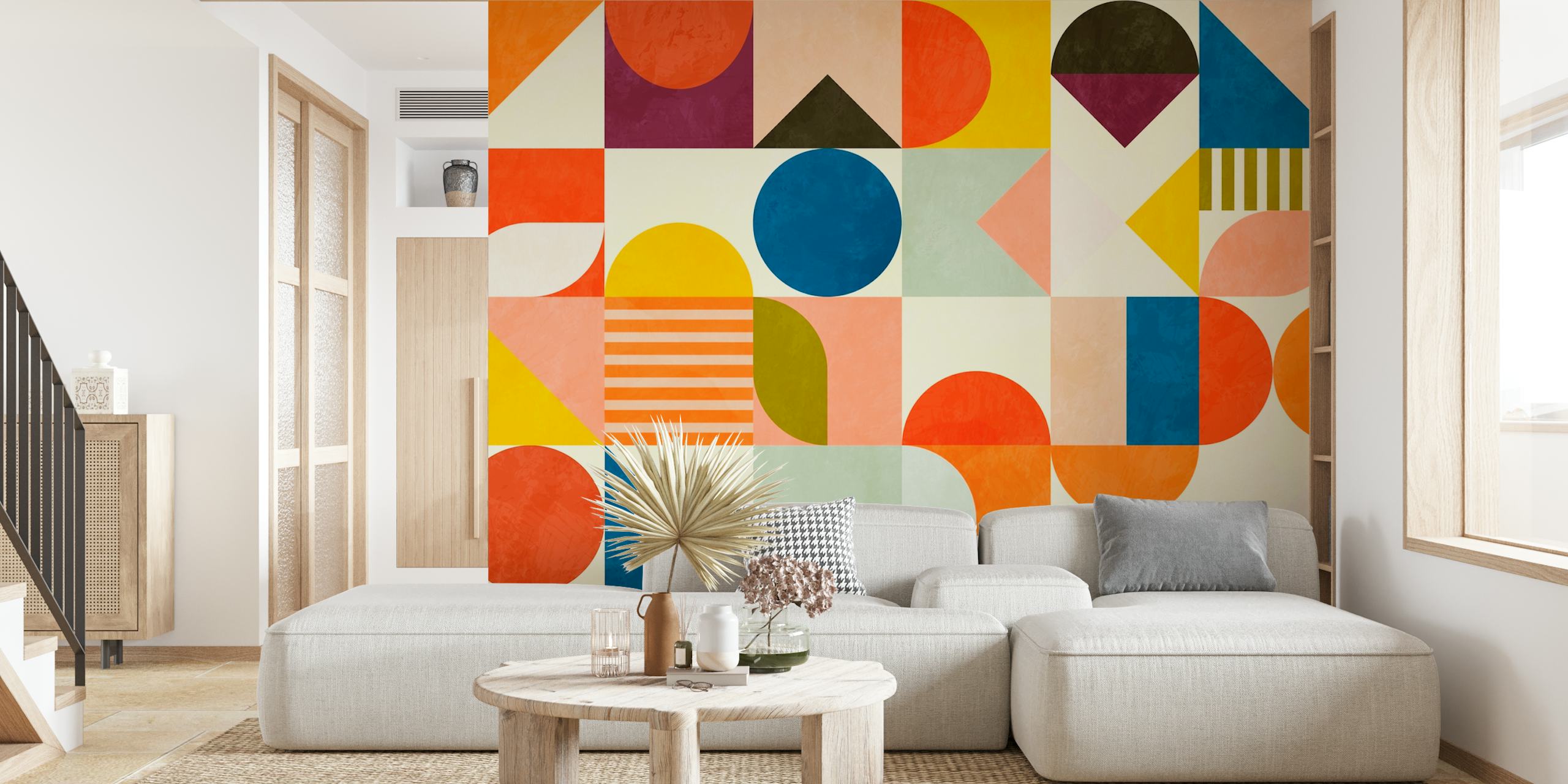 Kaunis esittely Mid Century Bauhaus geometrisesta tapetista, jossa on eloisat värit