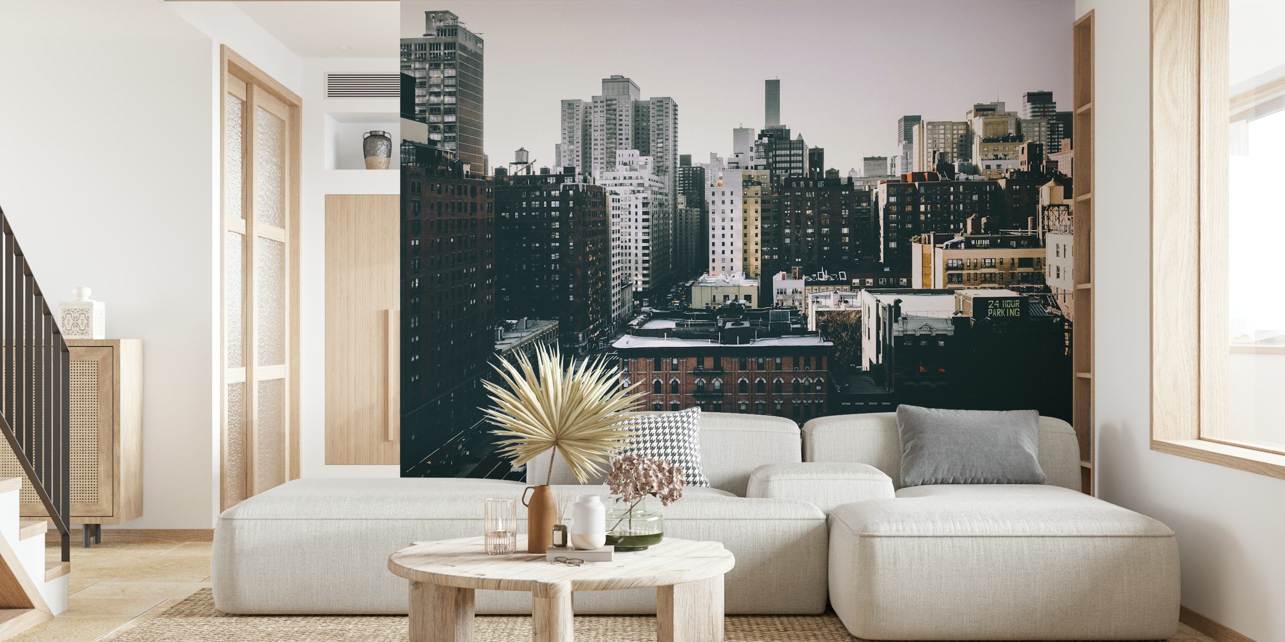 Cityscape of buildings in muted tones wallpaper