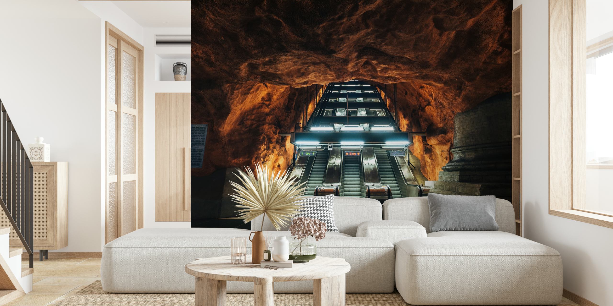 Subway escalators with rocky orange walls wallpaper