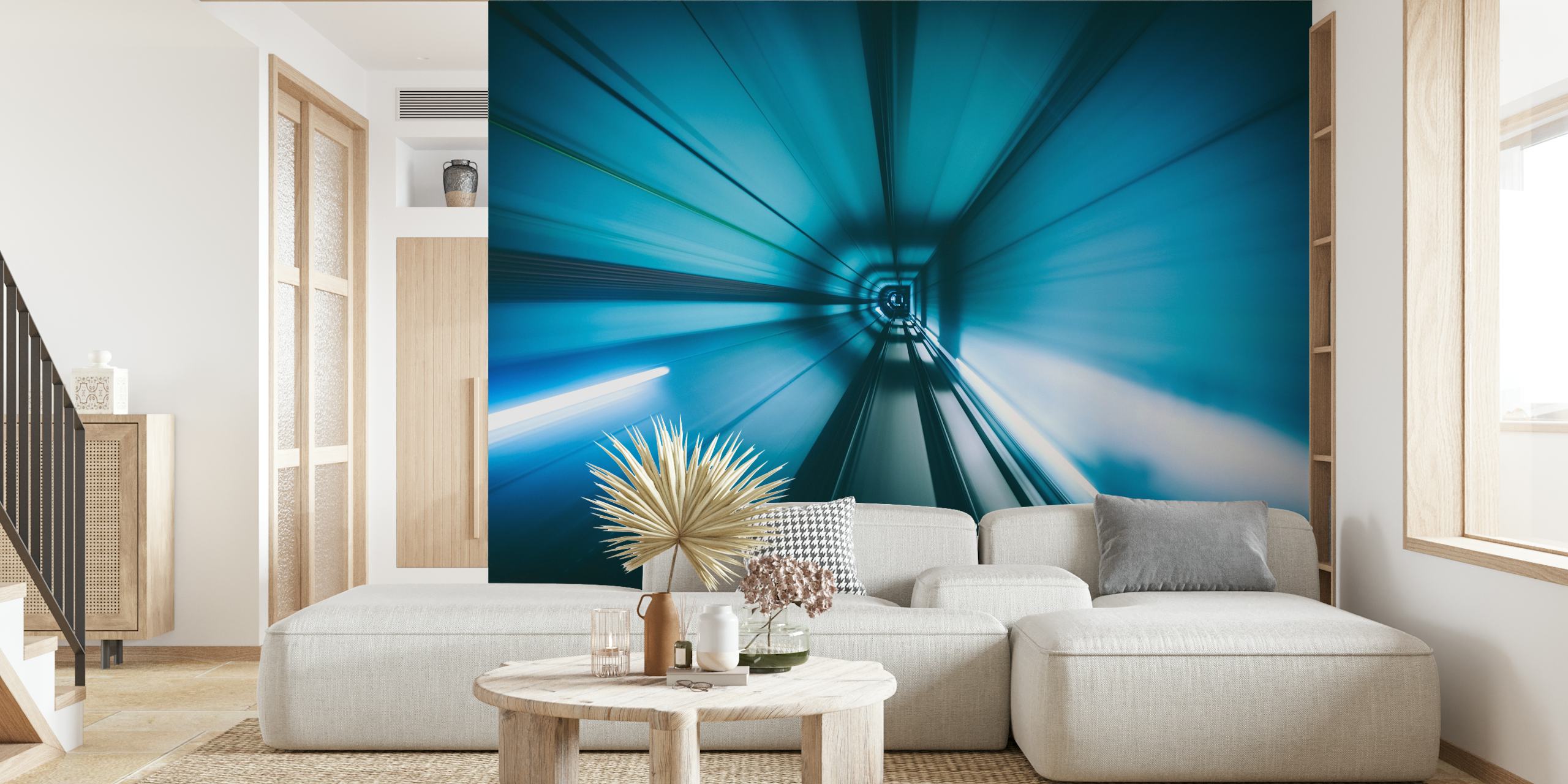 Moody Warp wall mural depicting a tunnel vision effect with deep blue tones and dynamic light streaks