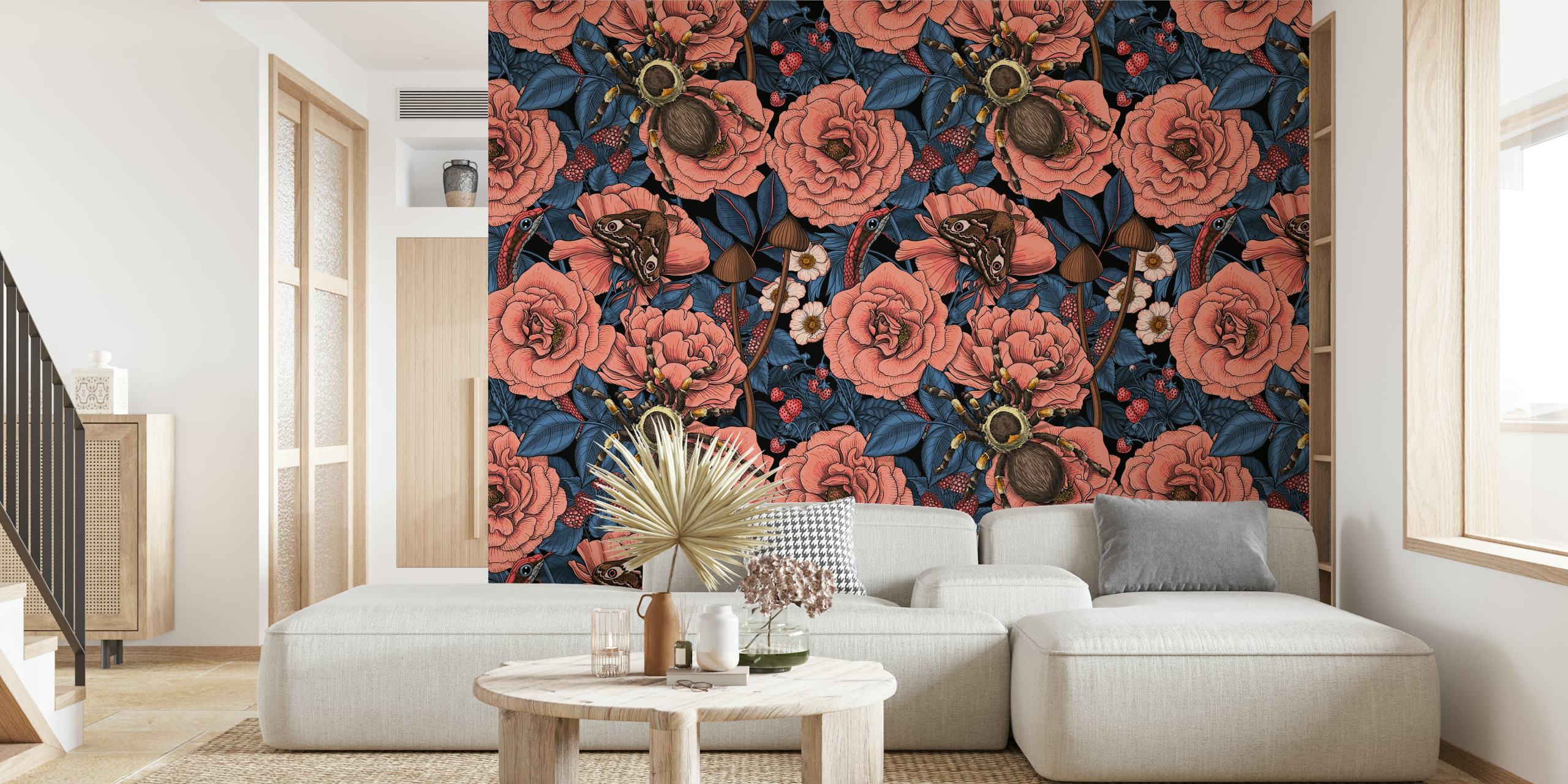 Dark floral wallpaper featuring pink roses, spiders, and leaves.