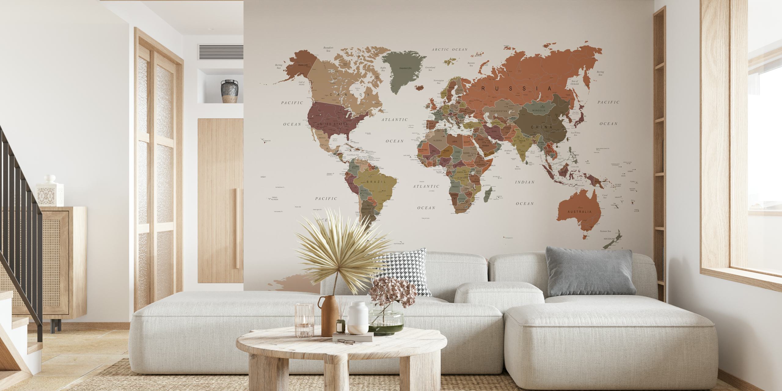 Earthy toned world map wall mural in subtle shades of brown and green